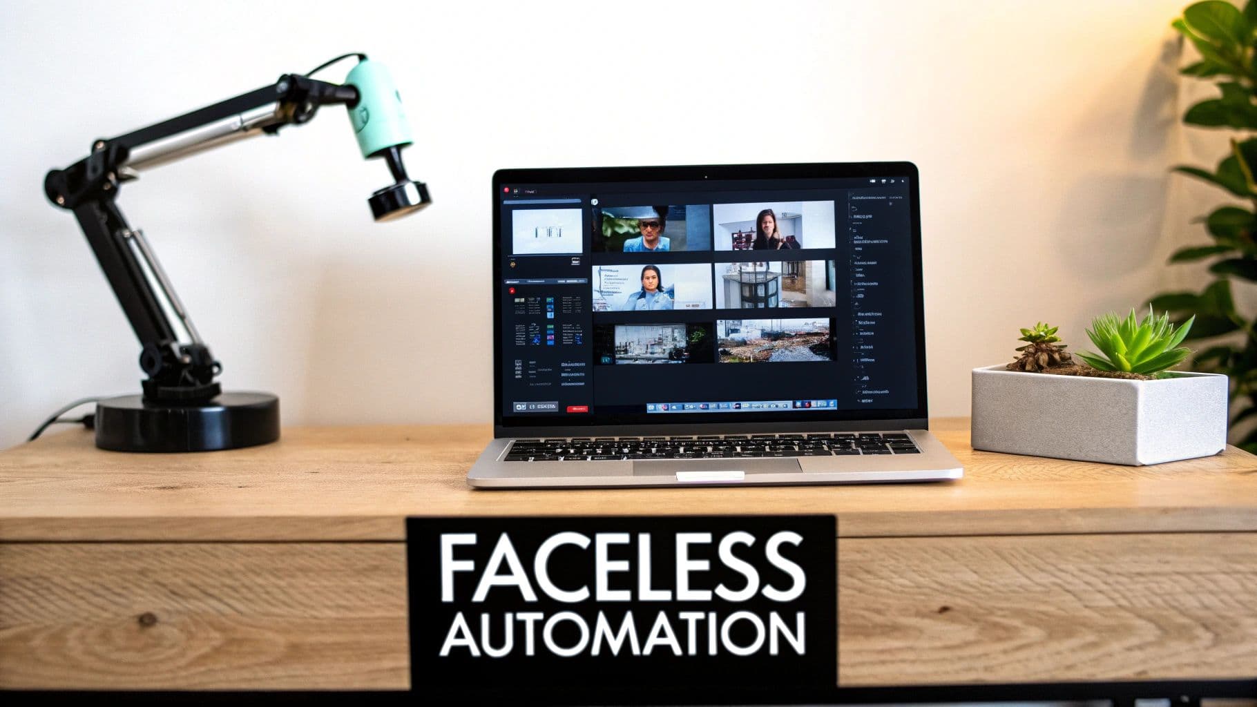 Un portàtil sobre un escriptori de fusta mostrant una videoconferència, amb una làmpada, una planta i el text 'Faceless Automation'.