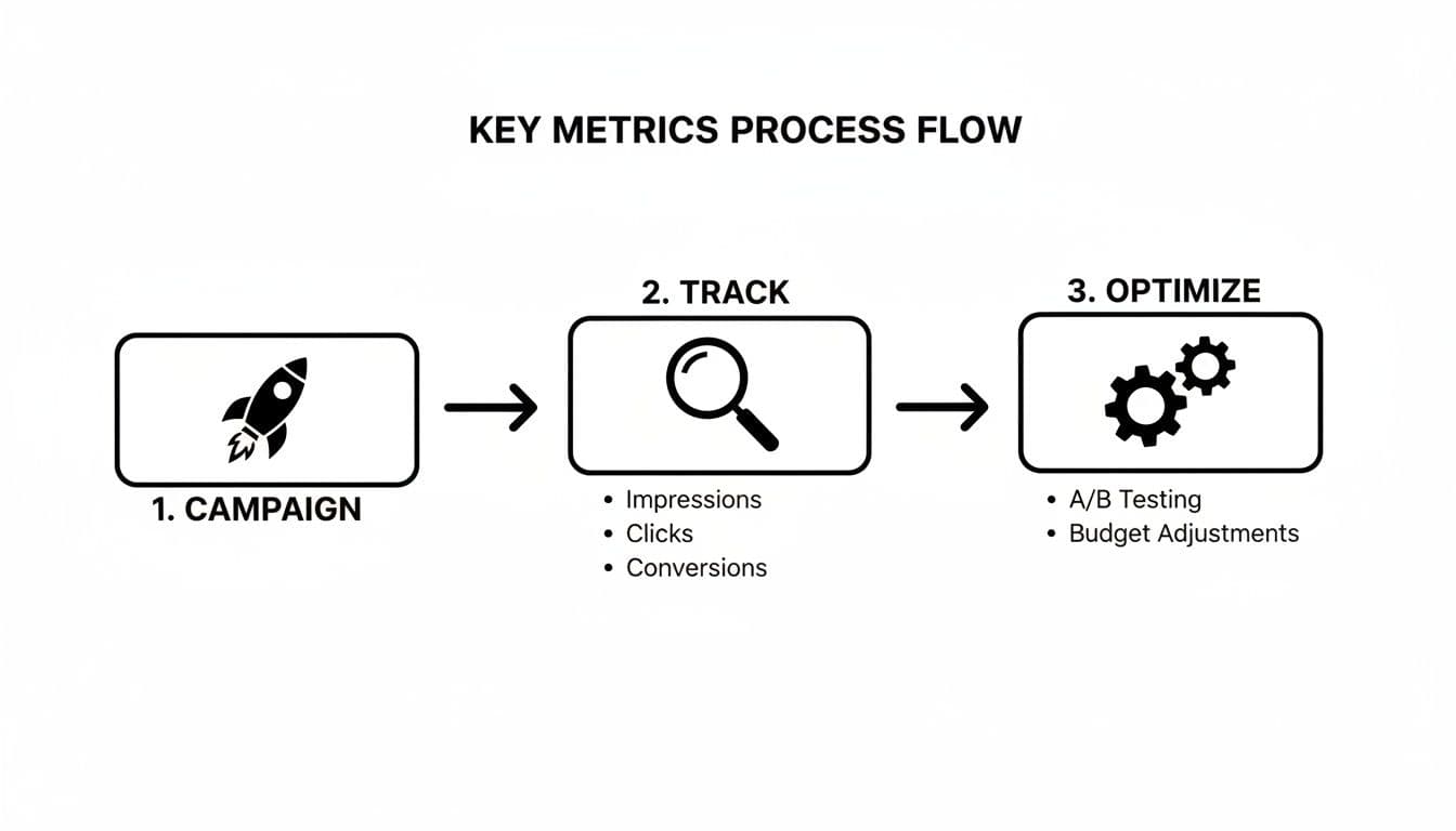 Diagrama de flux de procés de mètriques clau mostrant campanya, rastrejant impressions/clics/conversions, i optimització via proves A/B.
