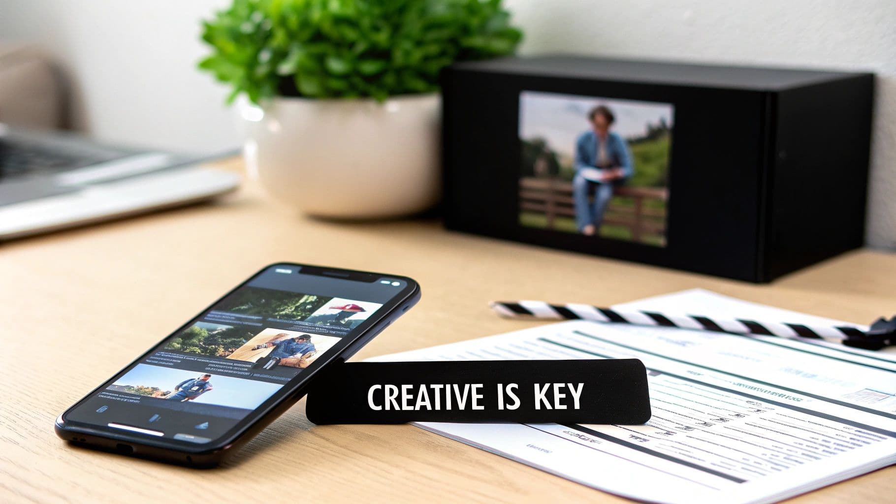 Un espai de treball creatiu amb un smartphone, documents, un bolígraf, una planta i un cartell 'CREATIVE IS KEY'.