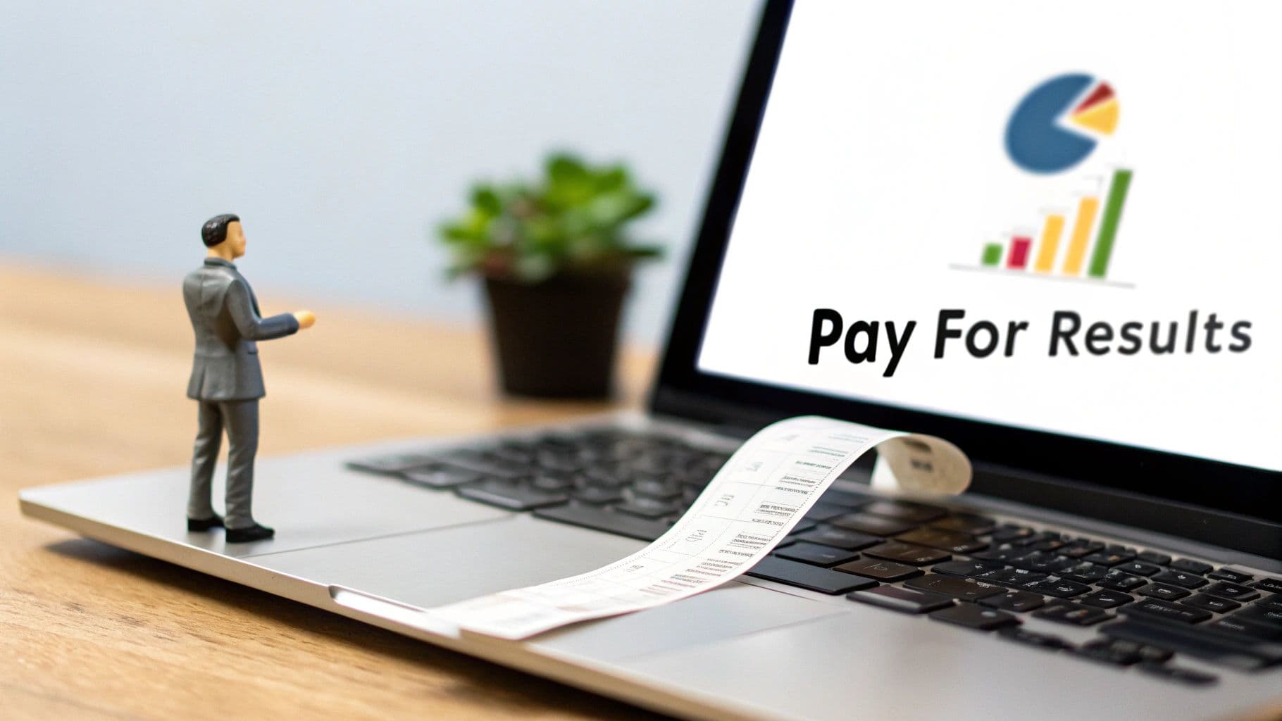 Un home de negocis en miniatura davant d'un portàtil amb un rebut llarg i 'Pay For Results' a la pantalla, simbolitzant el performance.