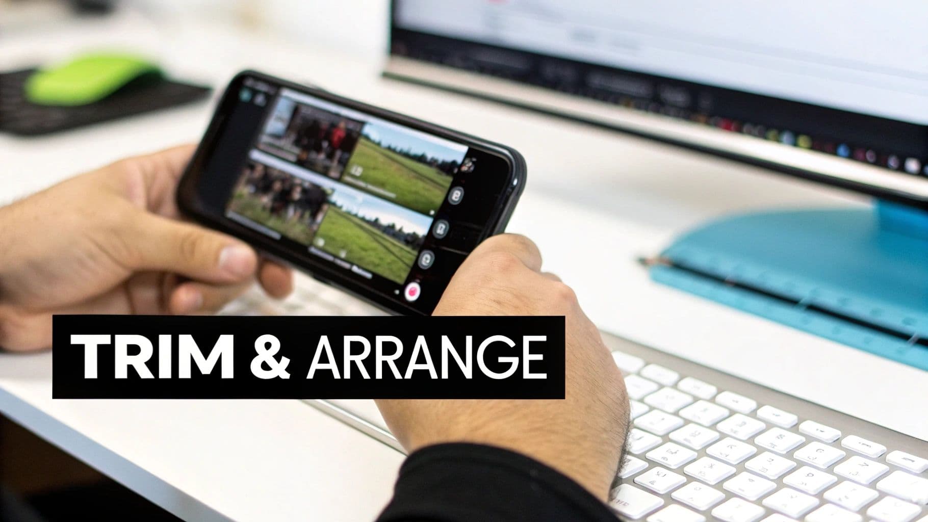 Close-up of hands holding a smartphone, actively editing video clips with 'TRIM & ARRANGE' text.