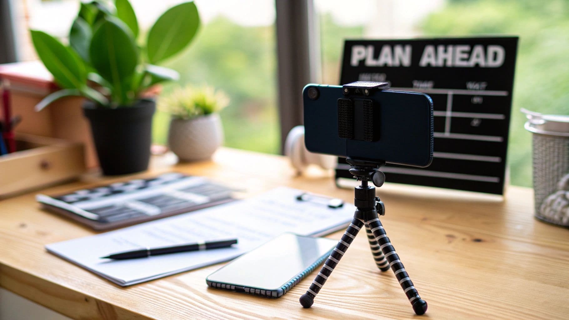 A smartphone on a tripod recording a video on a wooden desk with a 'Plan Ahead' board, documents, and plants.