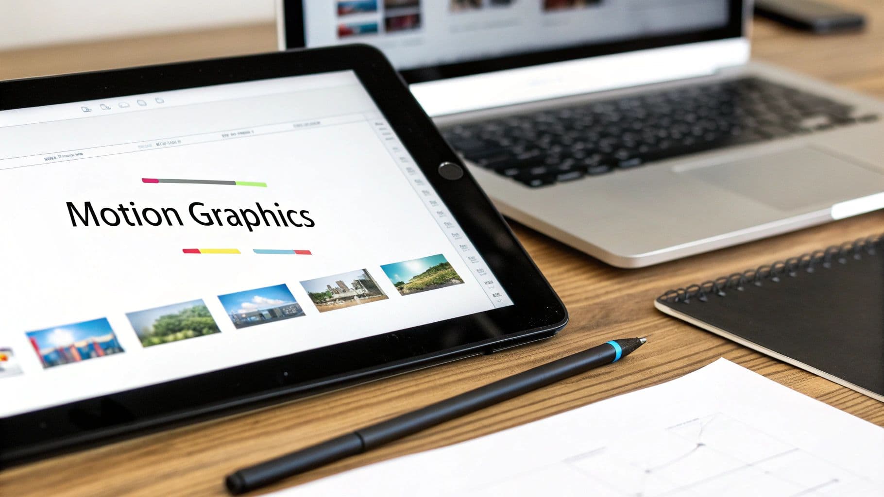 A tablet displaying 'Motion Graphics' next to a laptop, pen, and notebook on a wooden desk.