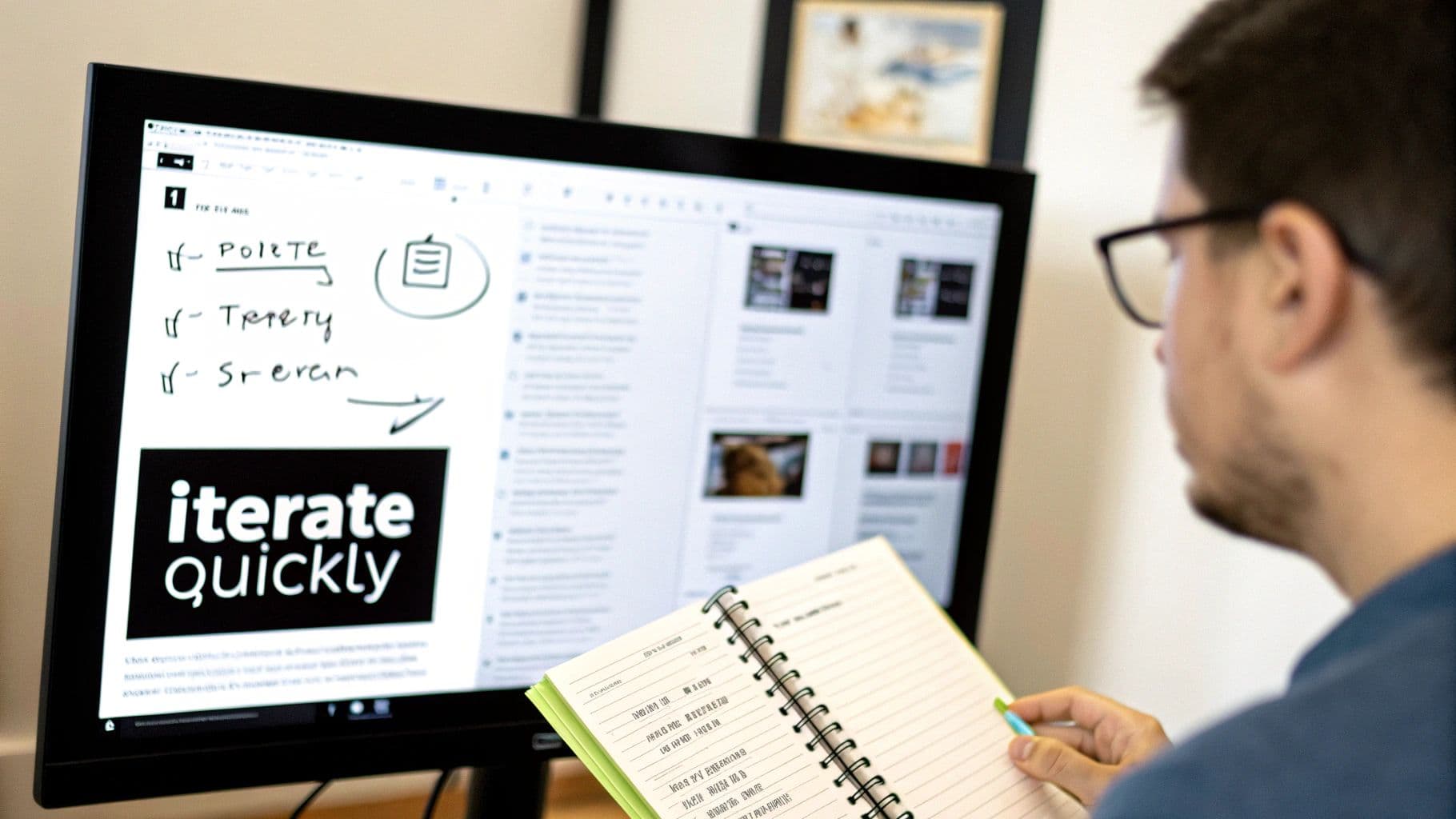 شخص يرتدي نظارات ينظر إلى شاشة كمبيوتر تعرض ملاحظات ولافتة 'iterate quickly'، بينما يحمل دفتر مذكرات وقلم.