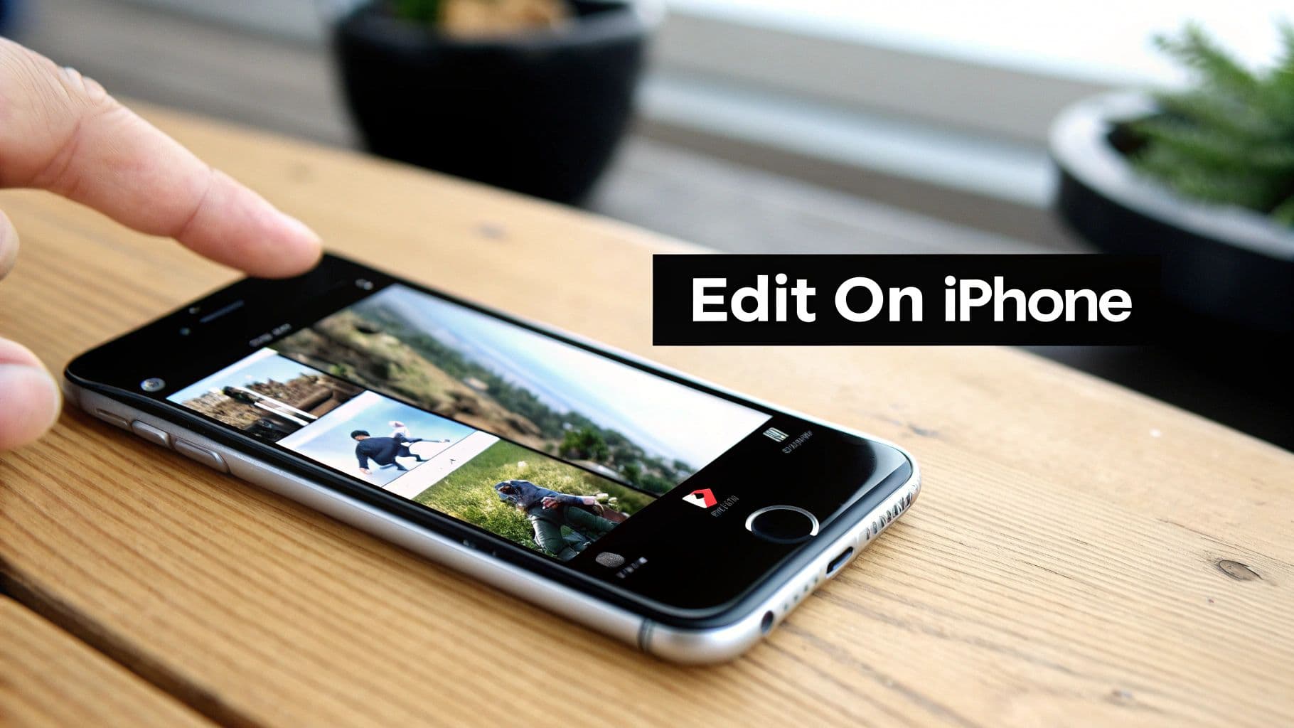 La mà d'una persona toca la pantalla d'un iPhone que mostra miniatures de fotos amb el text 'Edit On iPhone'.