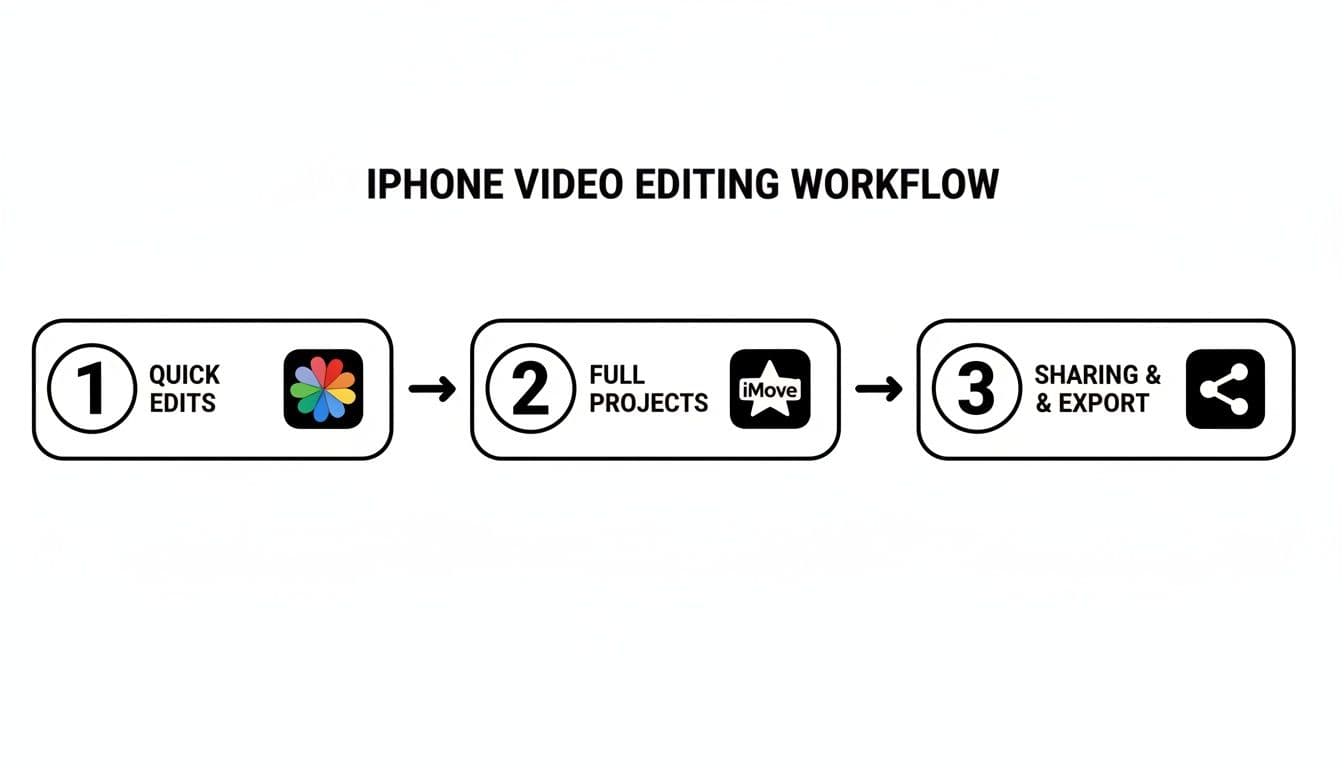 Diagrama que il·lustra el flux de treball d'edició de vídeo a l'iPhone, des d'editades ràpides fins a projectes complets i exportació.