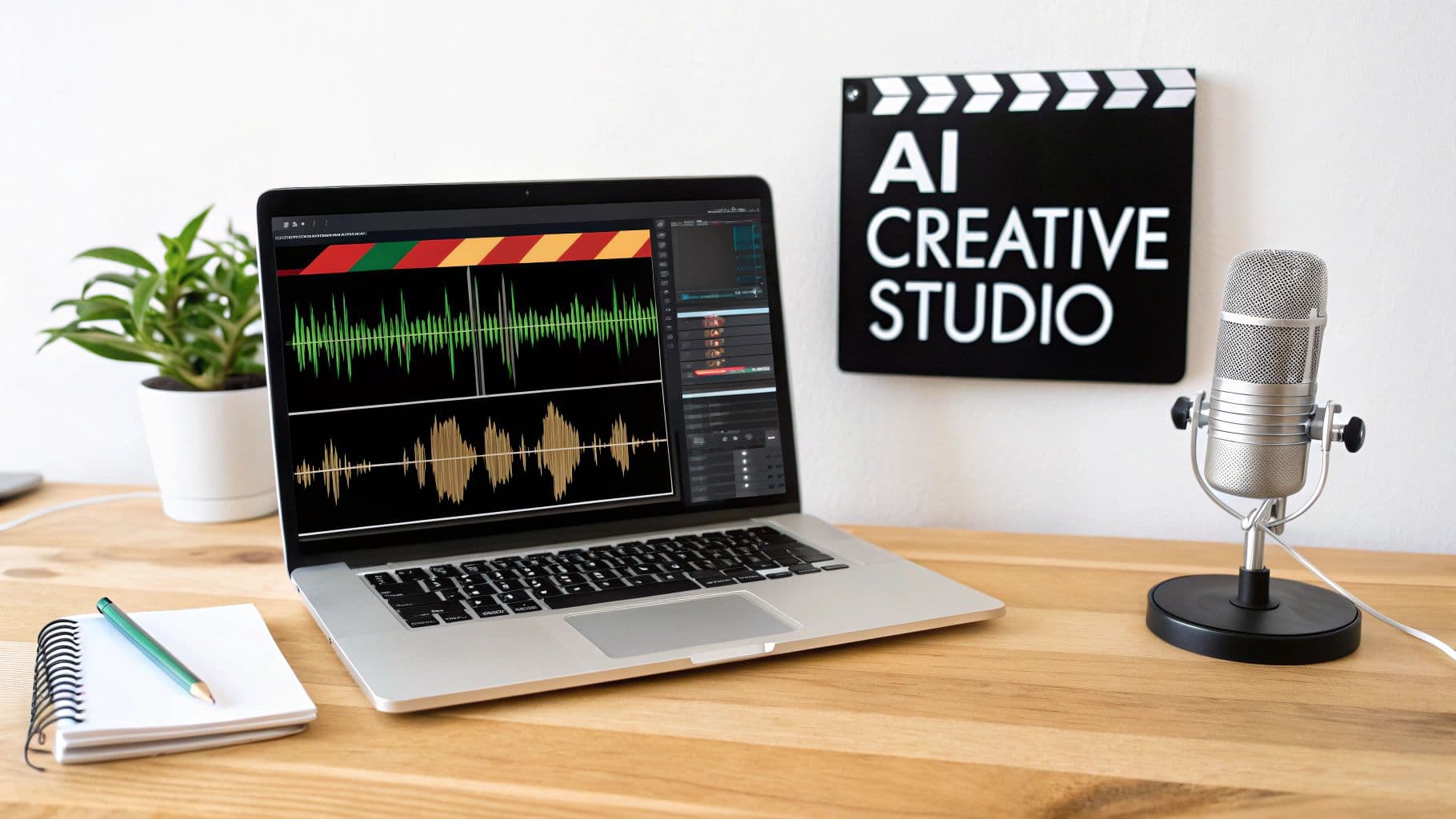 Un portàtil mostrant programari d'edició de vídeo amb IA, amb un micròfon i una claqueta d'"AI Creative Studio" sobre un escriptori de fusta.
