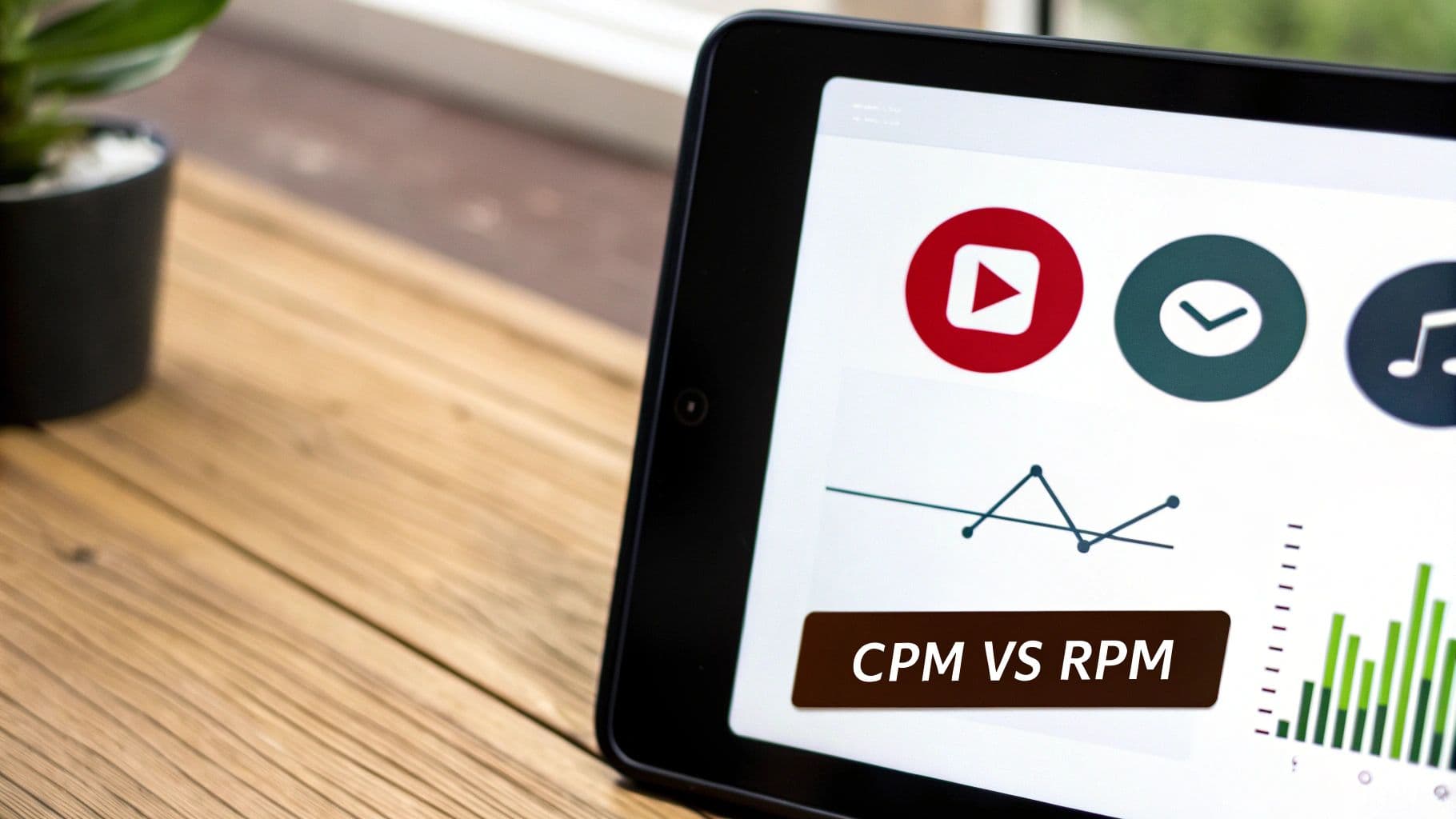 A tablet on a wooden desk displays a chart comparing CPM vs RPM metrics for content creators.