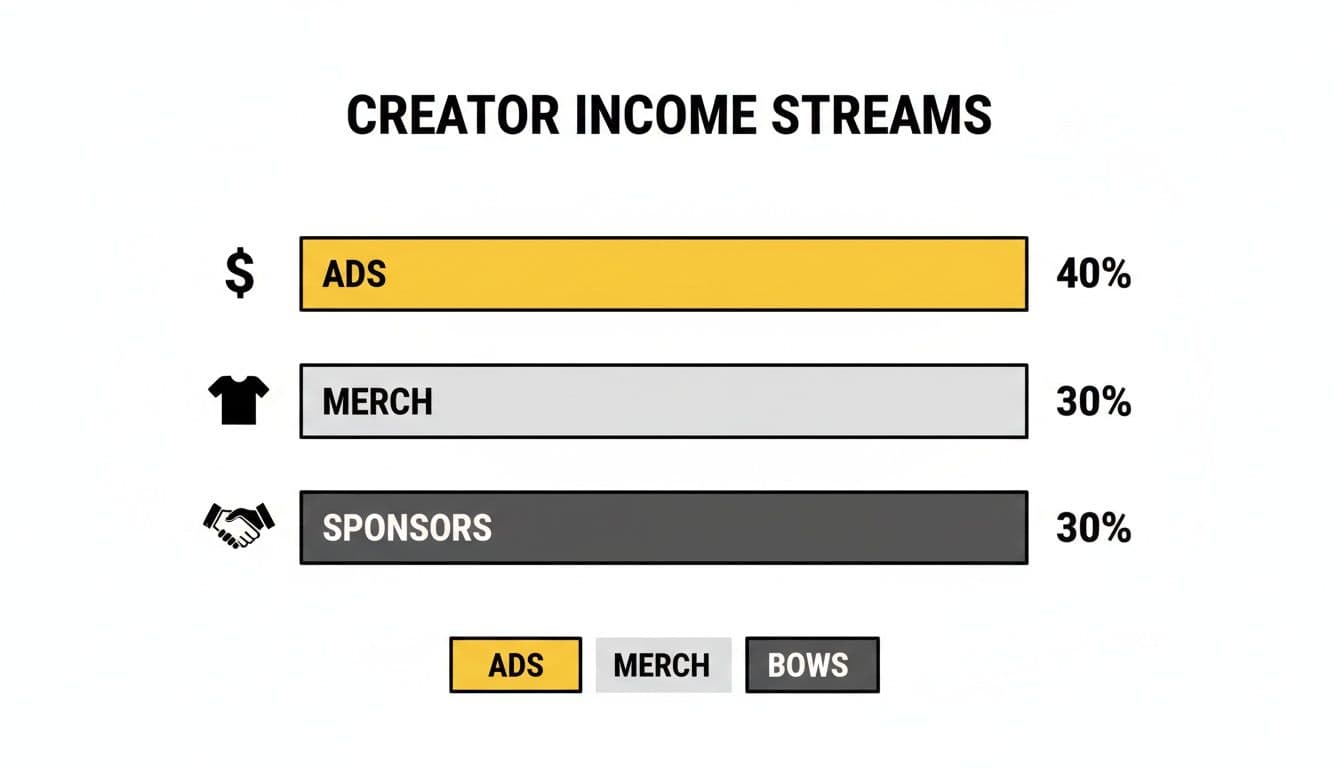 A bar chart showing creator income streams: 40% from ads, 30% from merch, and 30% from sponsors.