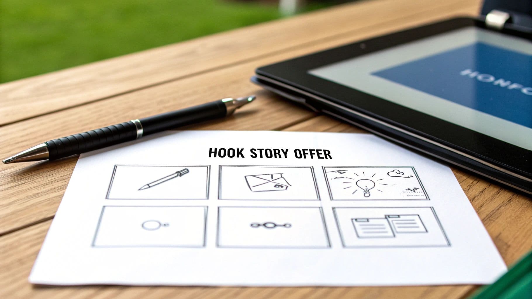 Một người viết kịch bản video quảng cáo tại bàn làm việc, với storyboard và giấy ghi chú trên tường phía sau.