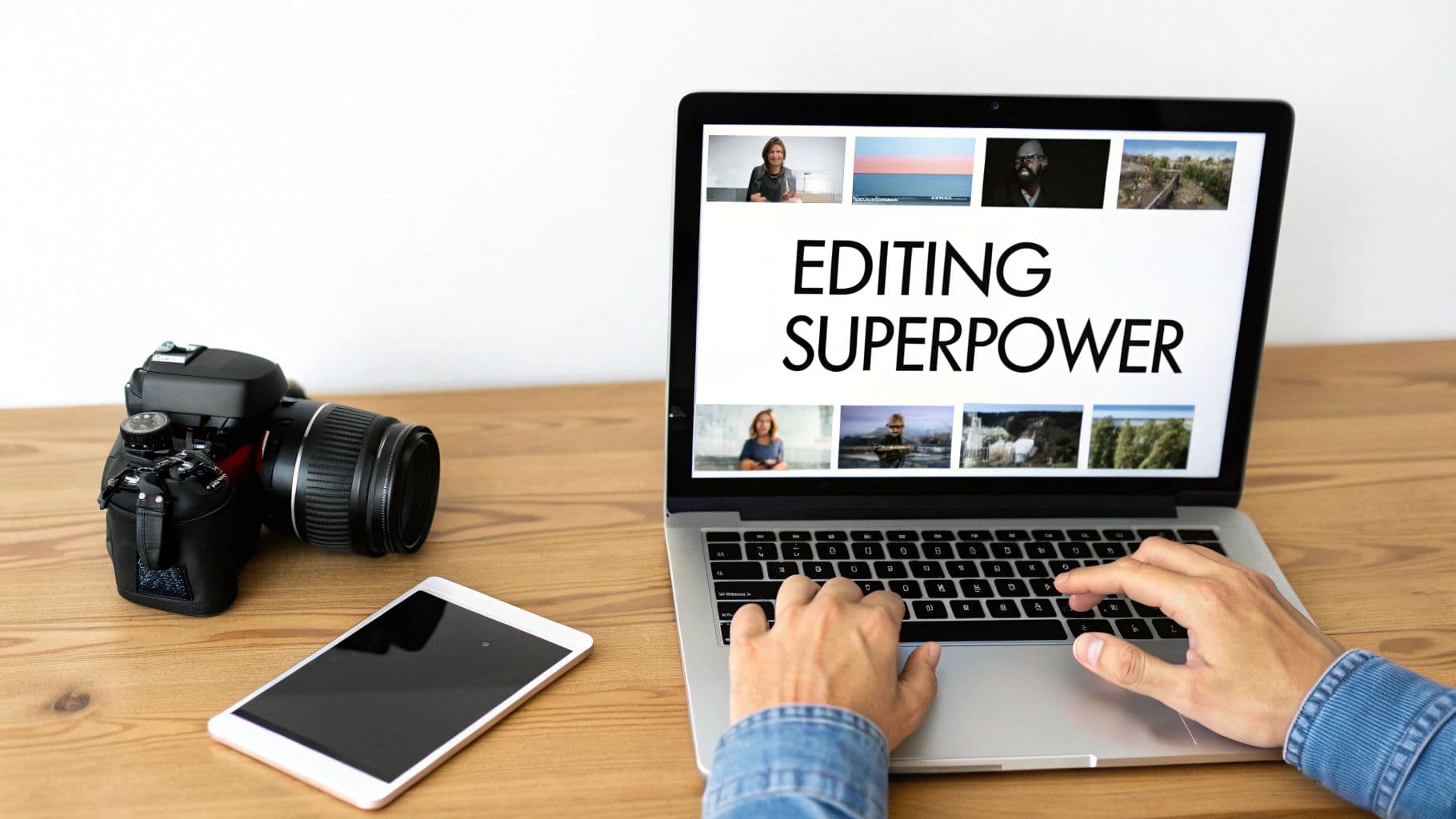 A person editing a video on a laptop with social media icons floating around.