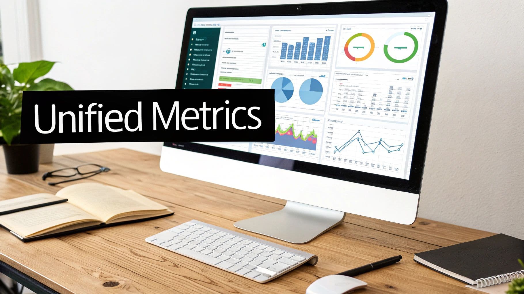 Computer screen showing "Unified Metrics" data dashboards and charts on a wooden desk with office items.