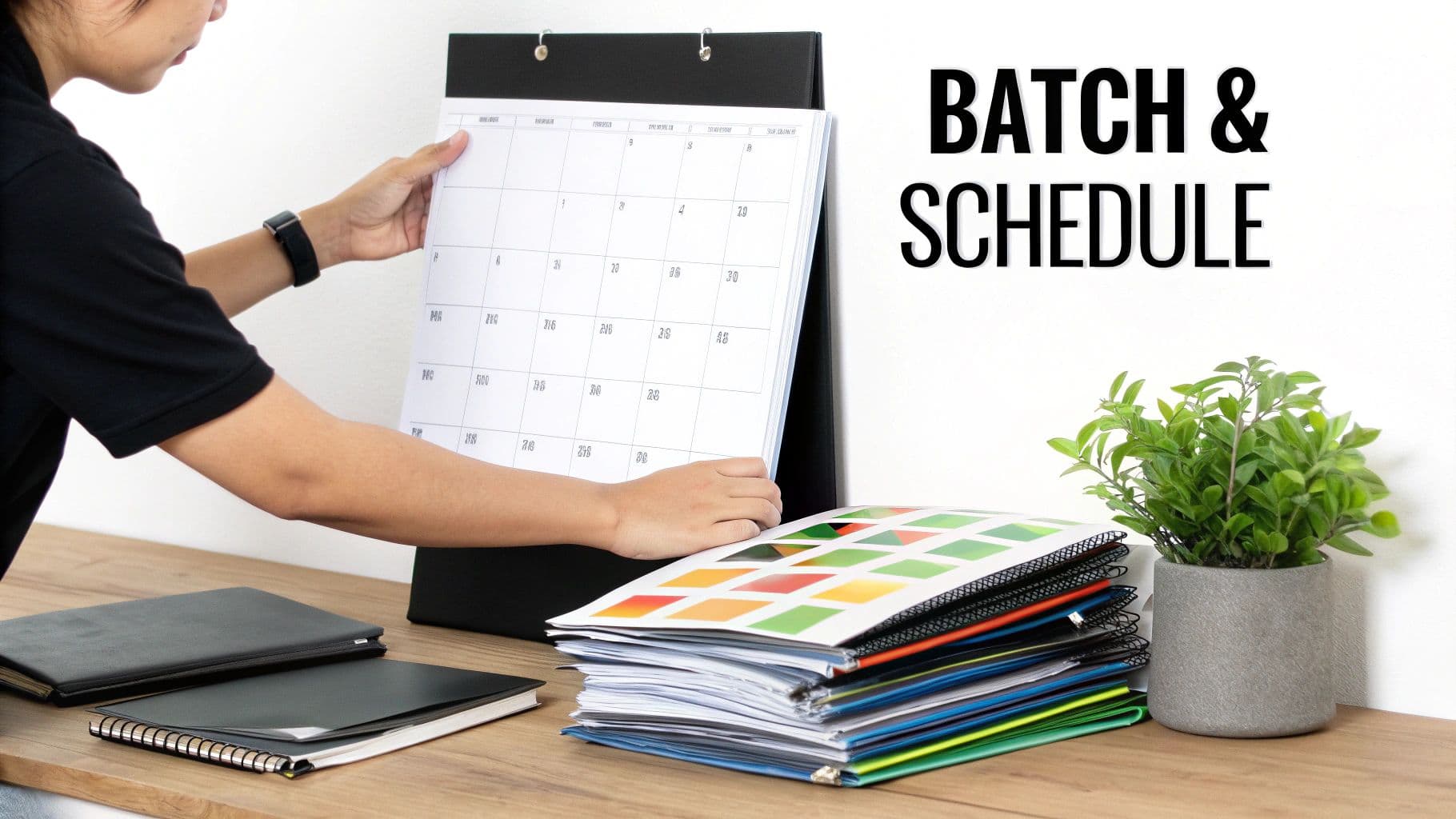 Hands organizing a desk calendar, with documents and a plant nearby, illustrating batching and scheduling.