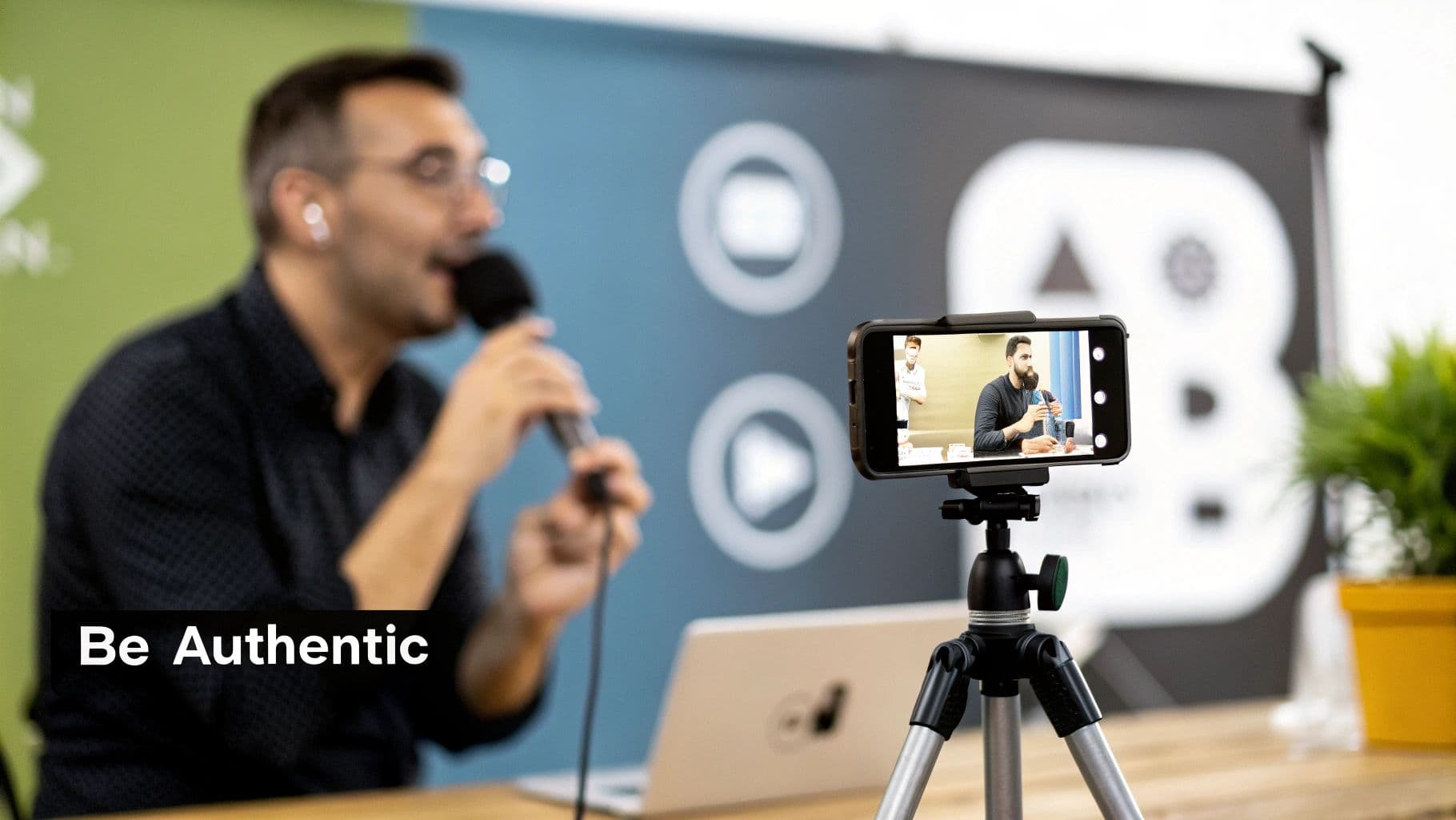 Una persona fent streaming en directe des del seu telèfon, interactuant amb comentaris dels espectadors que surten a la pantalla.