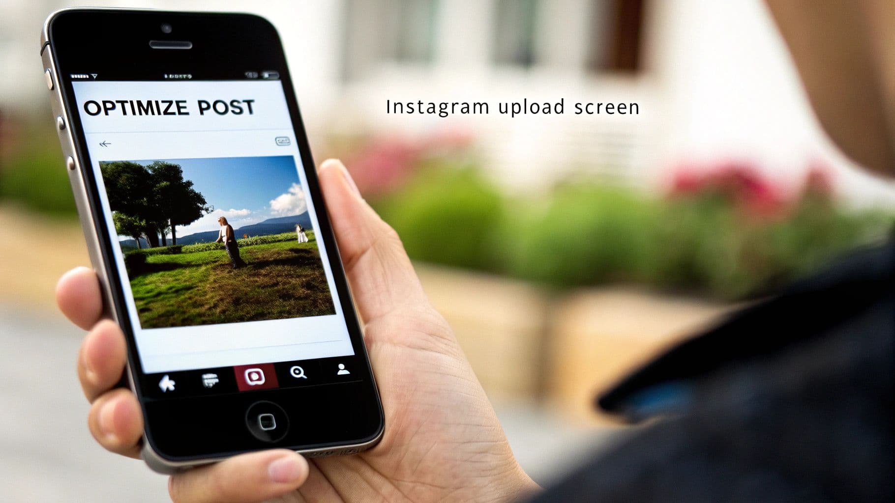 Close-up of a smartphone screen showing the Instagram upload interface with a video clip.