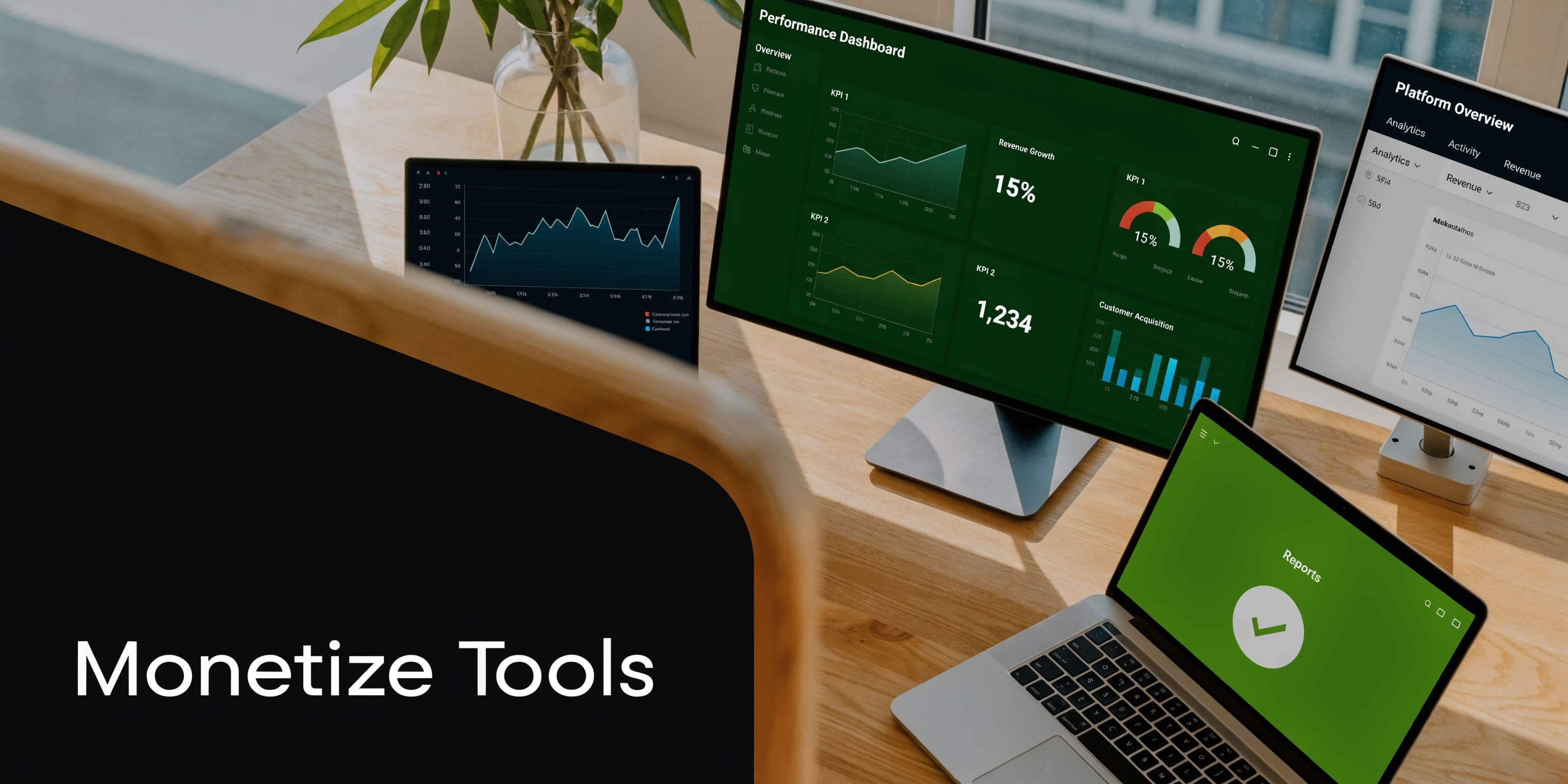 A modern workspace featuring multiple monitors and a laptop displaying data dashboards and performance analytics software.