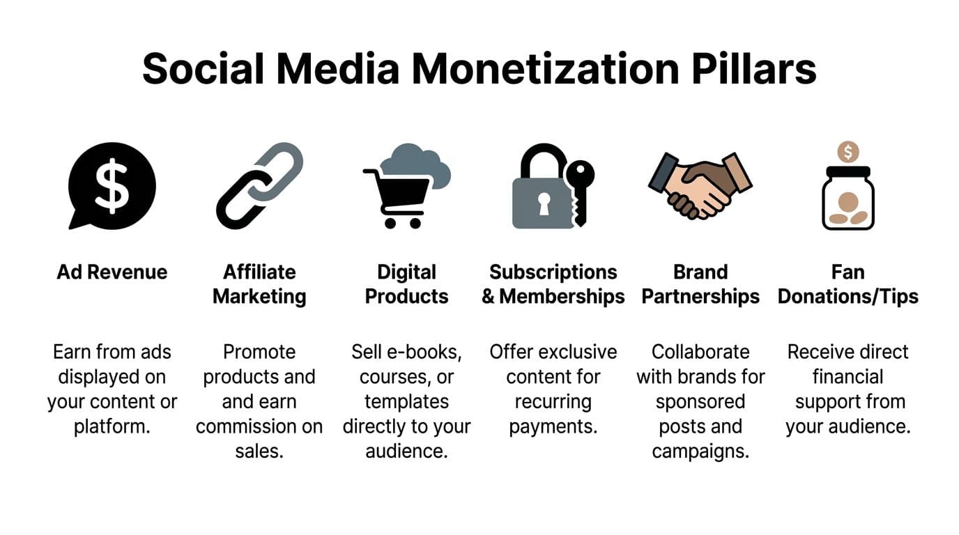 A graphic illustration detailing six primary pillars of monetizing social media platforms, including ad revenue and partnerships.