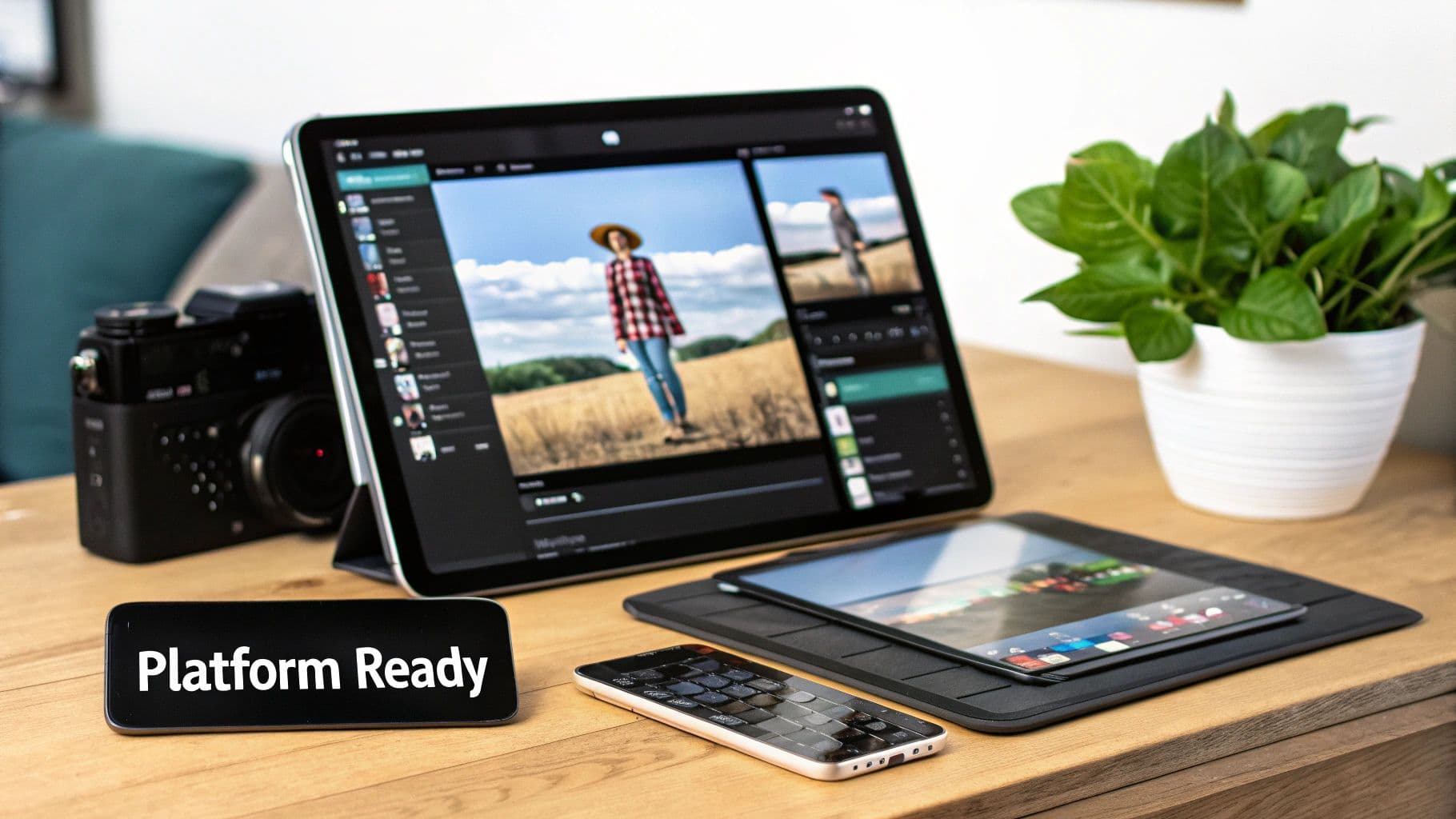 A creative workspace with tablets, camera, and smartphone, displaying an image editing app and a 'Platform Ready' sign.