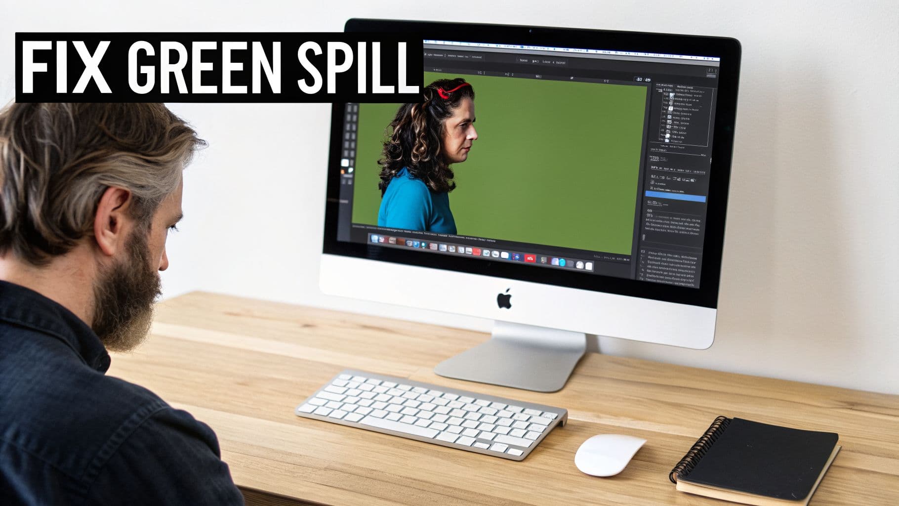 A person intently works on a computer, editing an image with a green screen background and 'FIX GREEN SPILL' text.