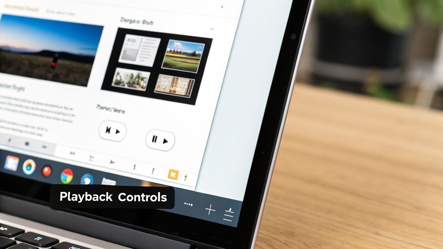 Una captura propera d'una pantalla d'ordinador portàtil que mostra una pàgina web amb controls de reproducció de mitjans i icones d'aplicacions.