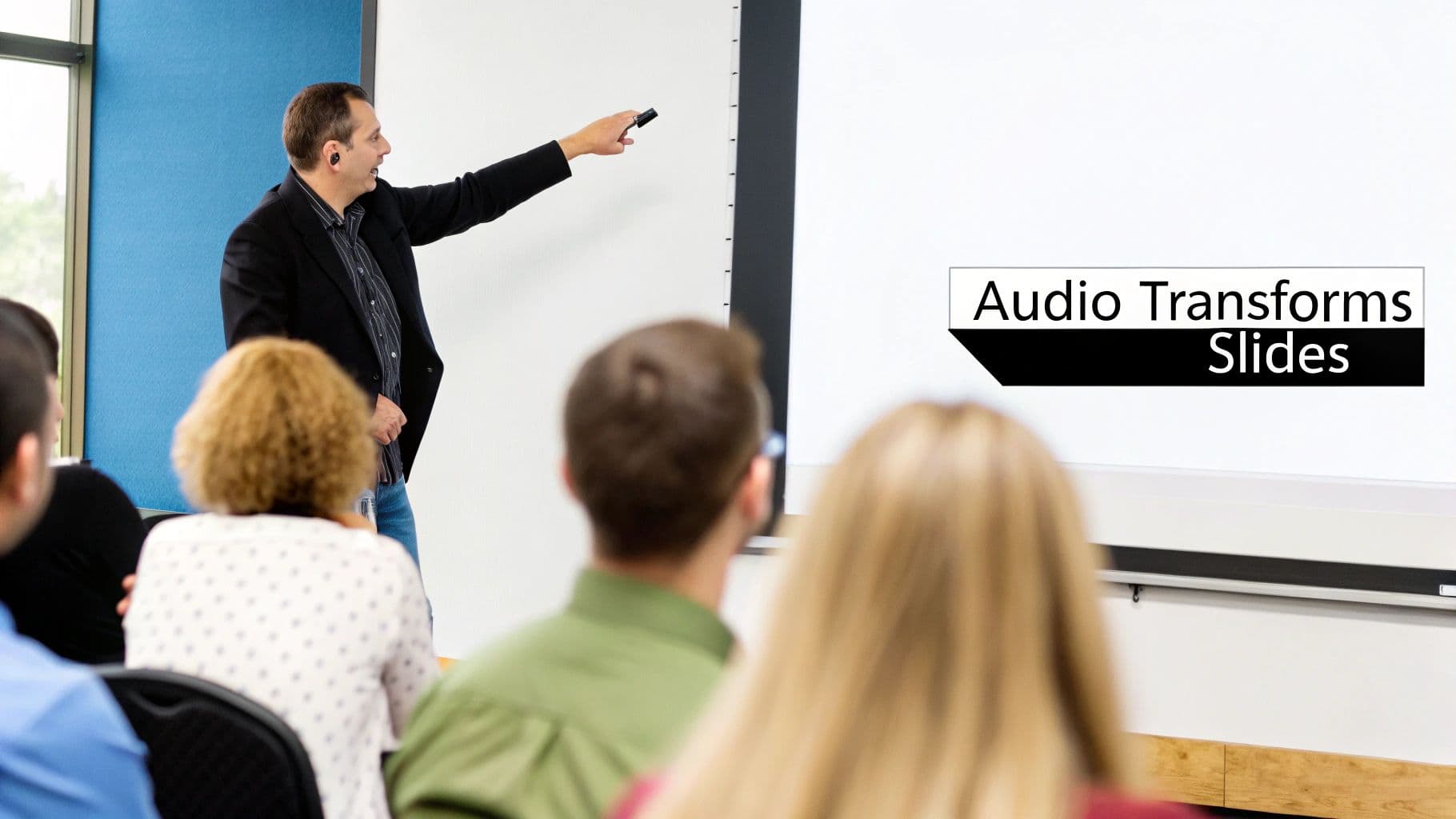 Un home presenta a una audiència, assenyalant una pantalla que mostra 'Audio Transforms Slides'.
