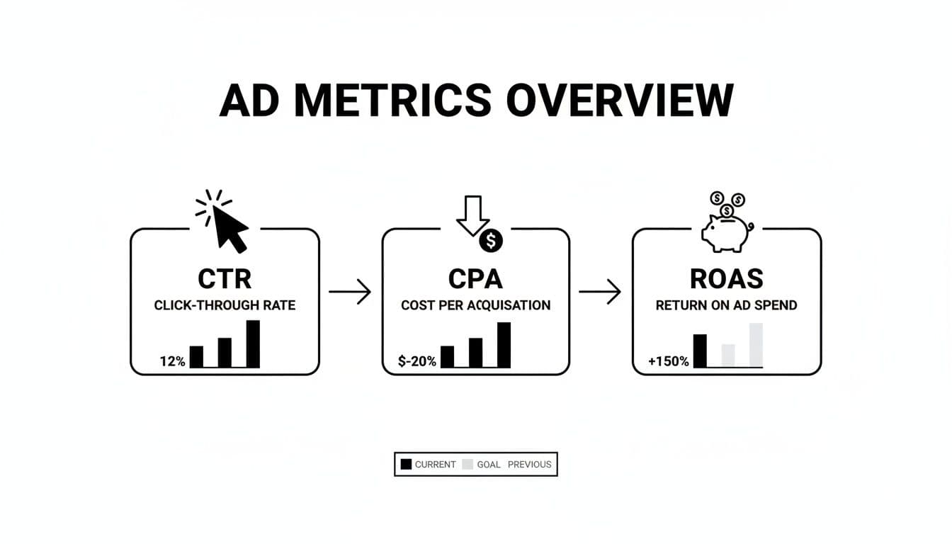 Overview of key ad metrics including CTR, CPA, and ROAS with current, goal, and previous benchmarks.
