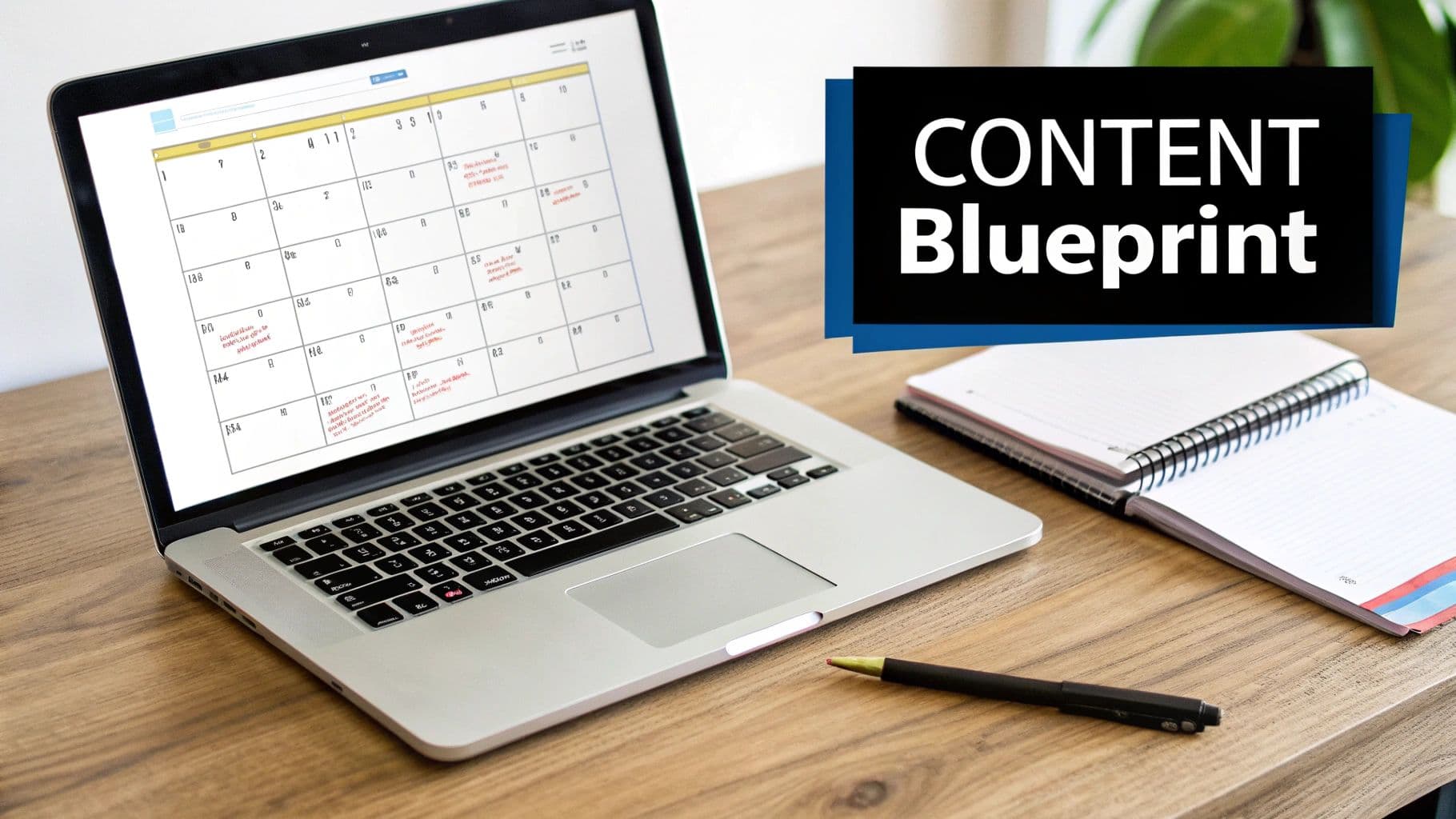 Laptop som visar en innehållsplaneringskalender bredvid en anteckningsbok, penna och texten 'CONTENT Blueprint'.