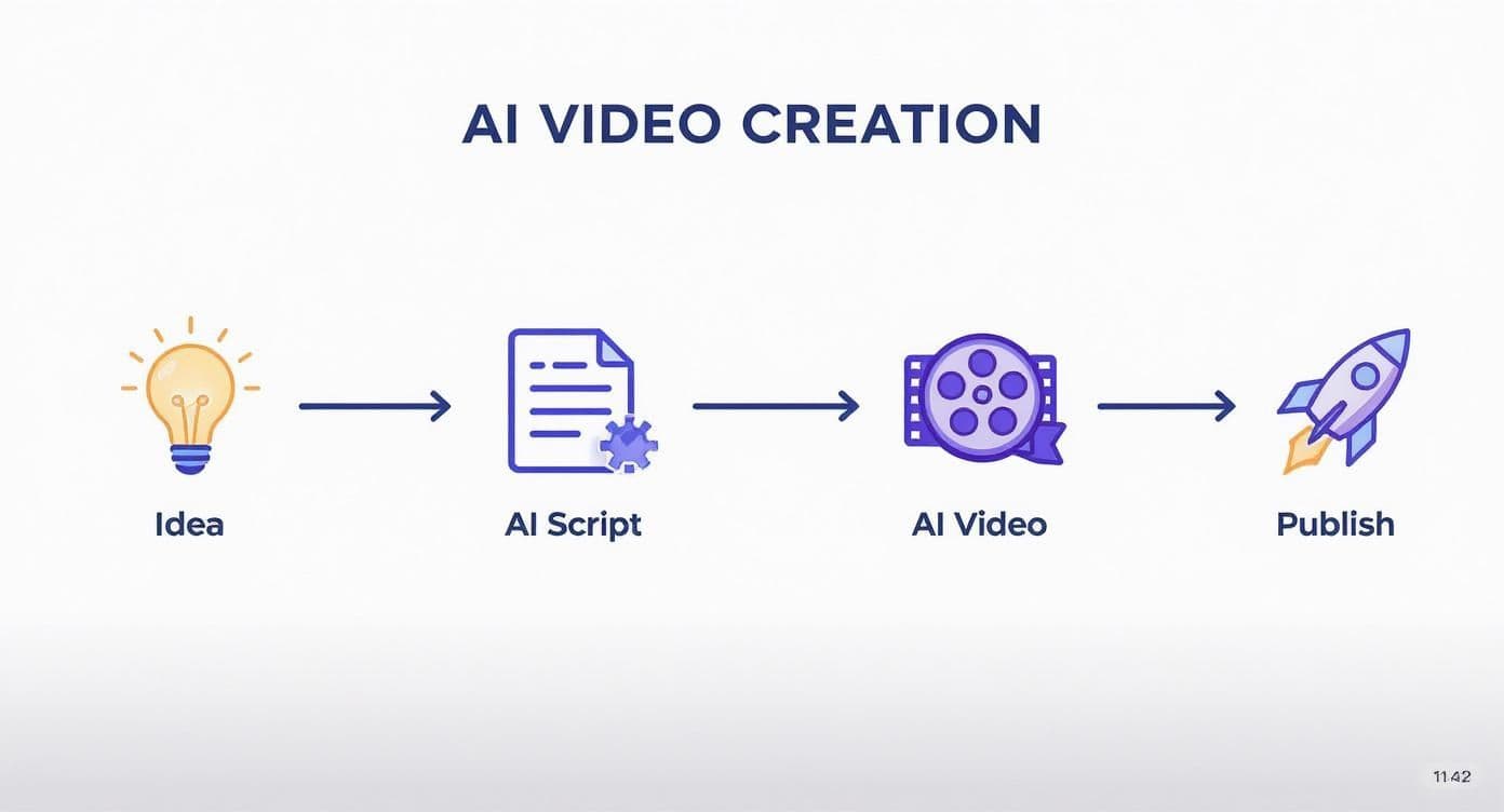 AIビデオ作成の4つのステップを示すフローチャート: Idea, AI Script, AI Video, and Publish.