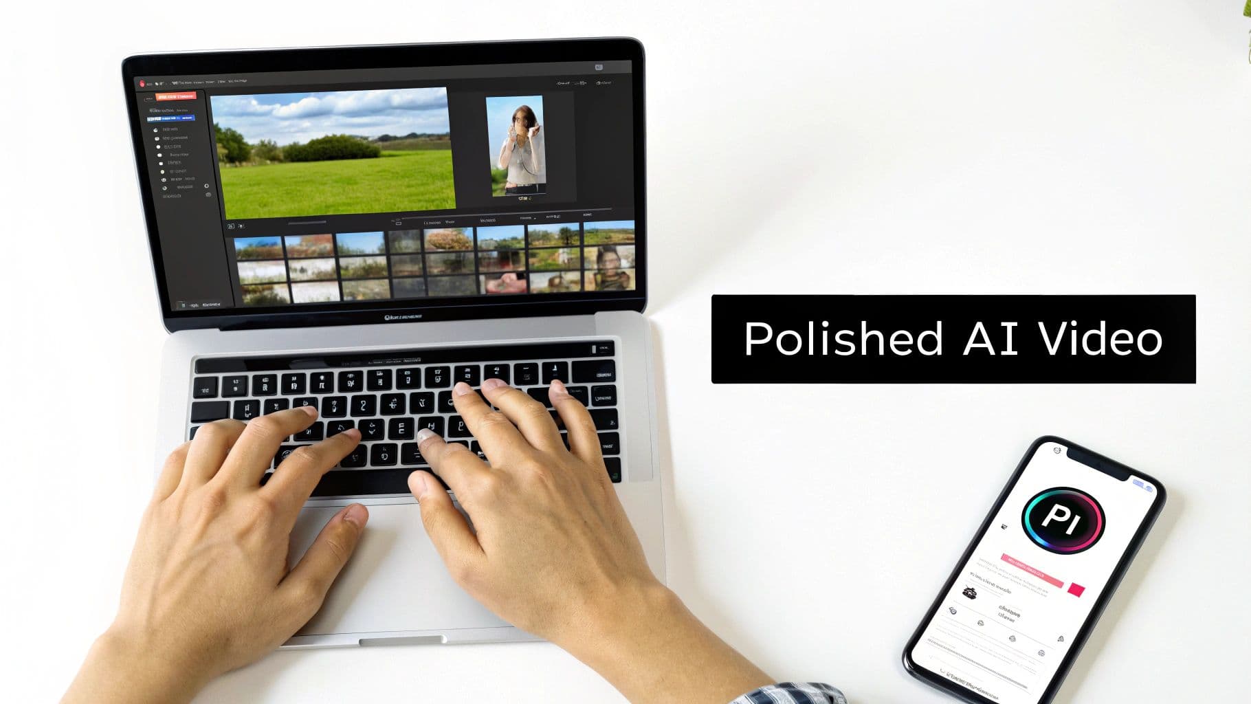 AIソフトウェアでラップトップでビデオを編集する人、アプリを表示するスマートフォン、「Polished AI Video」のテキスト。
