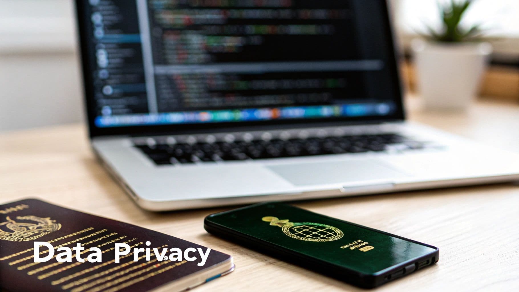 حاسوب محمول مع كود على الشاشة، جواز سفر، وهاتف ذكي على مكتب خشبي، يمثل خصوصية البيانات والأمن الرقمي.