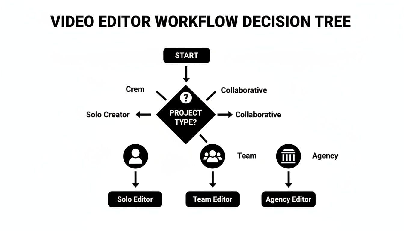 Un arbre de decisions de flux de treball de vídeoeditor mostrant camins per a projectes solitaris, d'equip i d'agència.