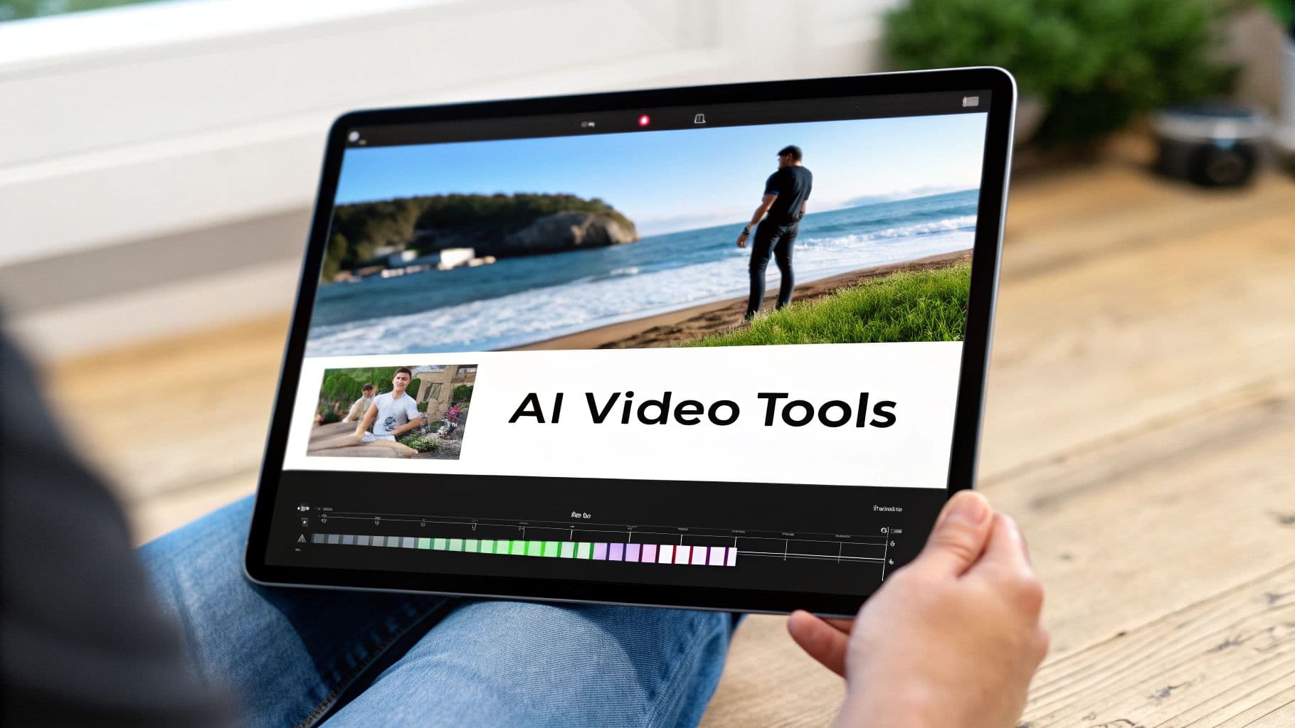 Persona utilitzant una tauleta per editar un vídeo, mostrant text 'AI Video Tools' i una escena de platja.