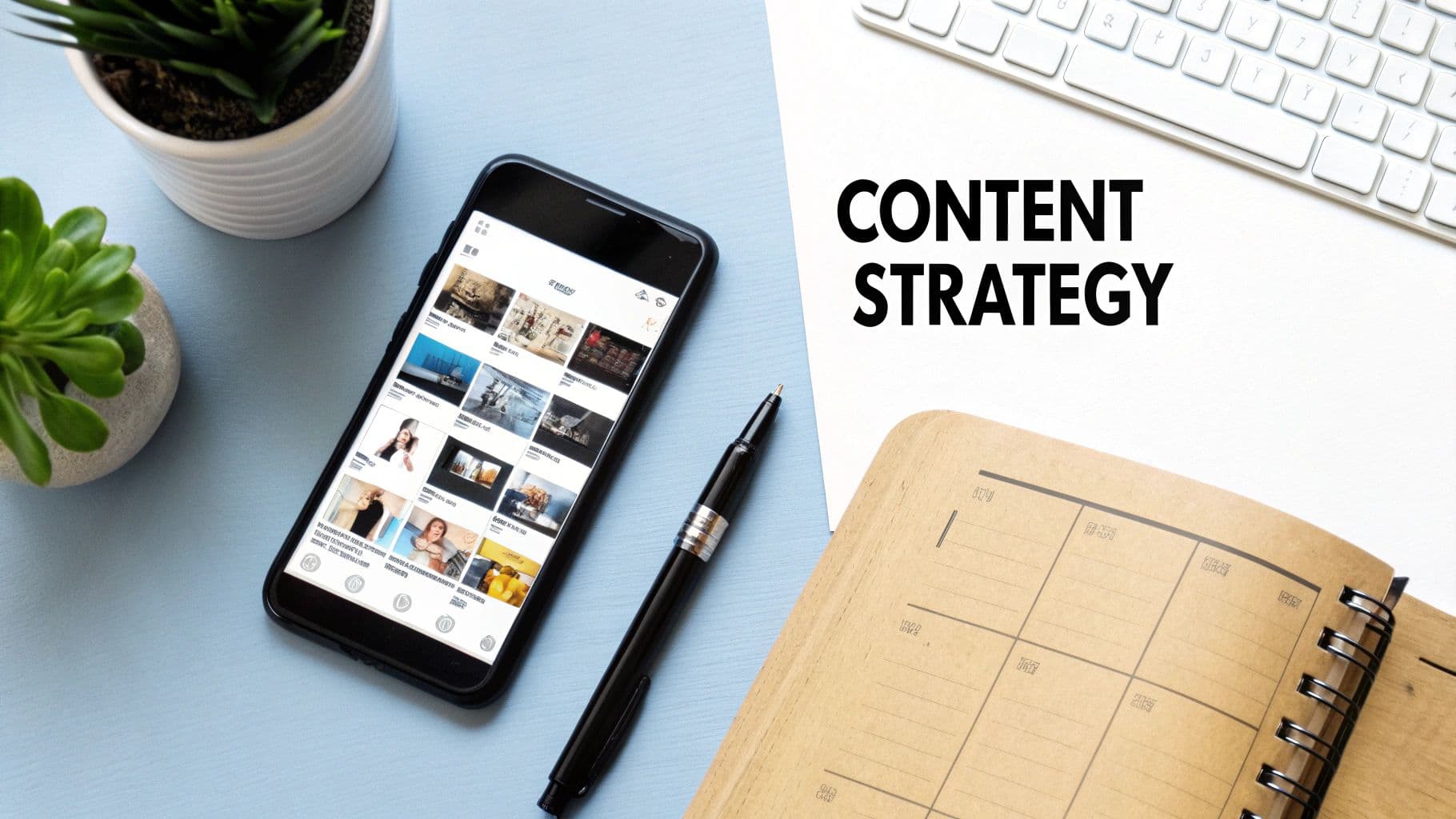 Una disposició plana d'un espai de treball amb un smartphone mostrant contingut de vídeo, un bolígraf, plantes, llibreta i text 'ESTRATÈGIA DE CONTINGUT'.