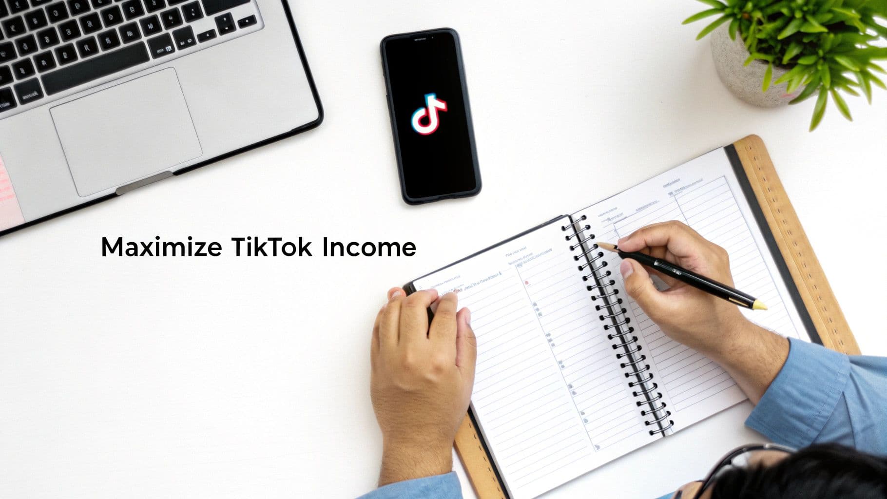 Person planning to maximize TikTok income, writing in a notebook next to a laptop and TikTok phone.