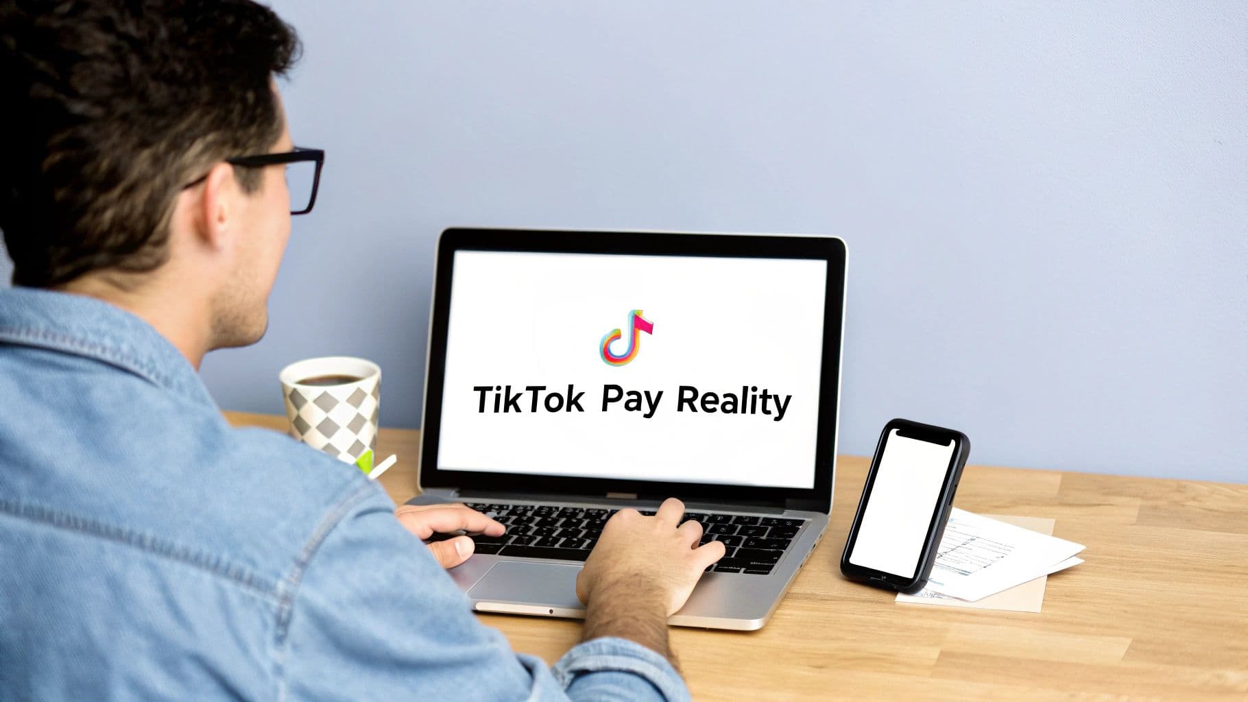 A person views a laptop screen displaying the TikTok logo and "TikTok Pay Reality" on a wooden desk.