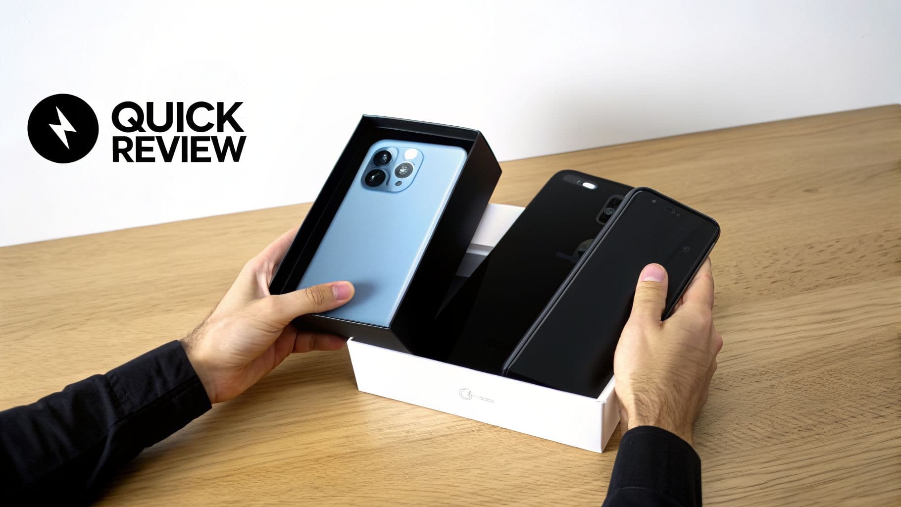 Ձեռքեր, որոնք բացում են կապույտ iPhone 13 Pro-ն իր տուփից՝ կողքին մեկ այլ սև սմարթֆոնով: