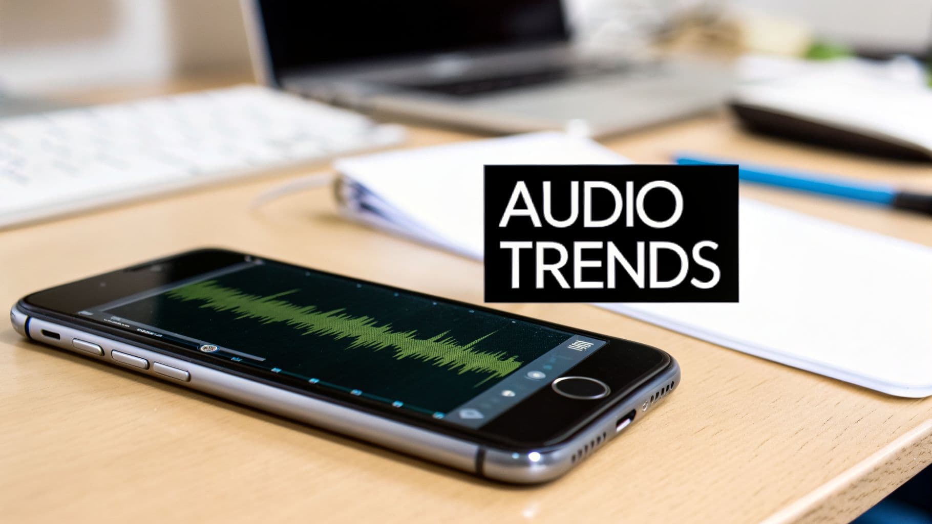 Սմարթֆոն, որի էկրանին ցուցադրված է կանաչ audio waveform, 'AUDIO TRENDS' տեքստային overlay-ով: