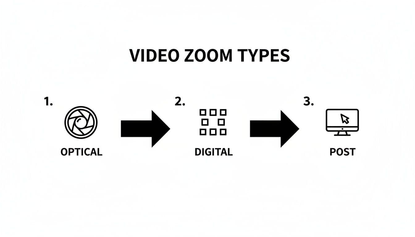 Diagram yang mengilustrasikan tiga jenis zoom video: optical (lensa kamera), digital (grid), dan post-production (monitor komputer).