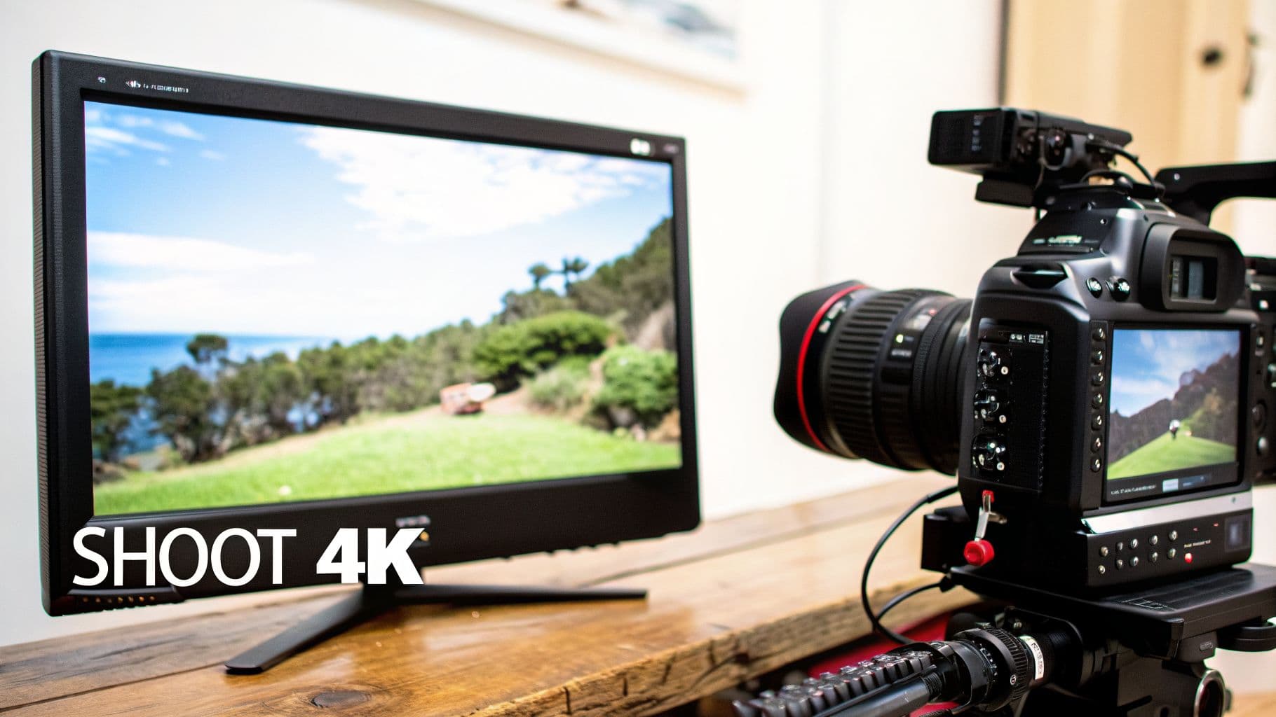 Pengaturan kamera video 4K profesional di sebelah monitor yang menampilkan footage lanskap indah.