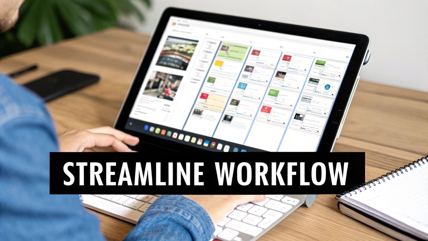 Persona teclejant a un teclat, utilitzant una tauleta que mostra un dashboard de flux de treball digital per optimitzar tasques.