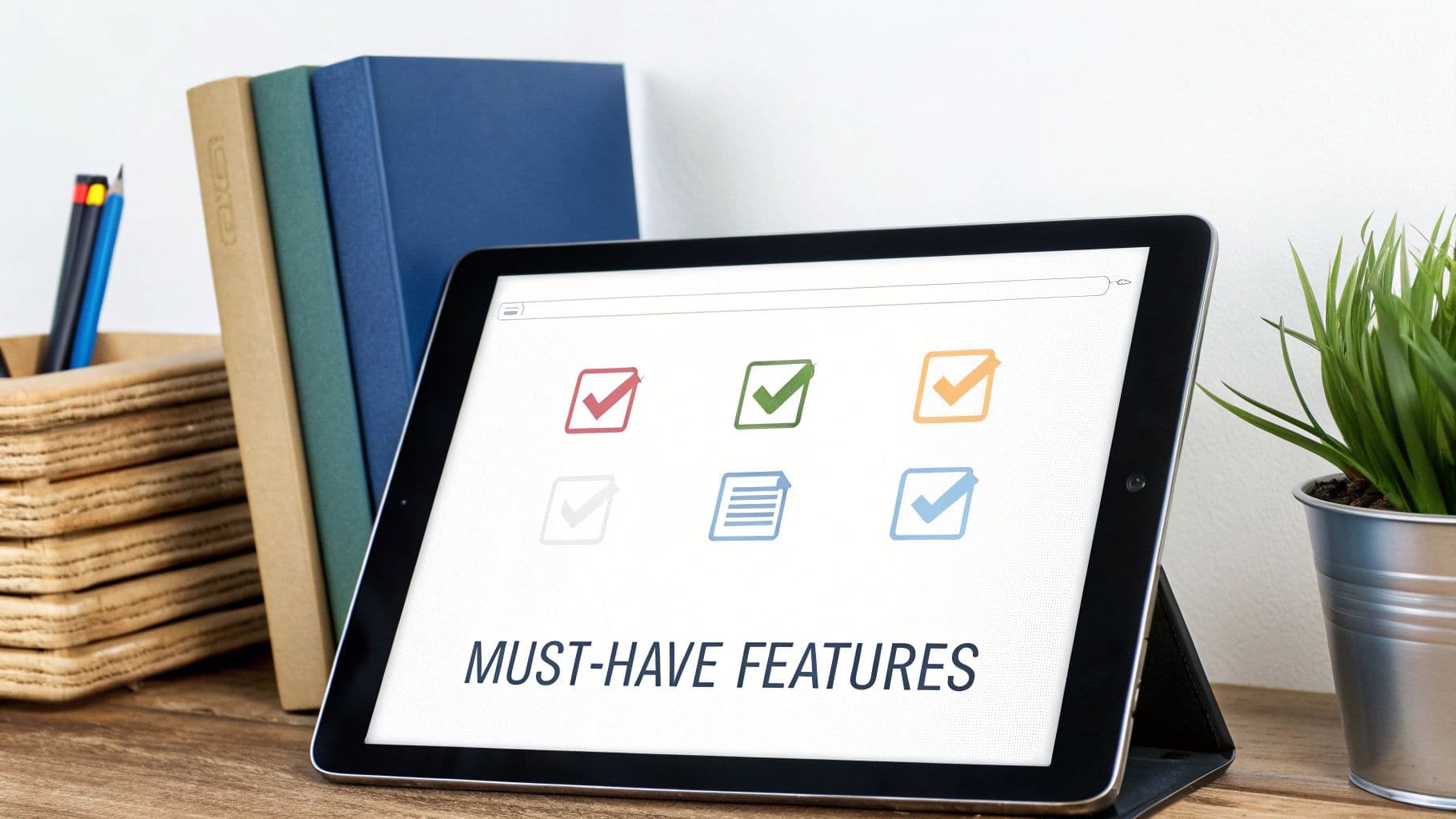 Una llista de verificació de funcions essencials d’instruments d’automatització de xarxes socials en una tauleta digital.