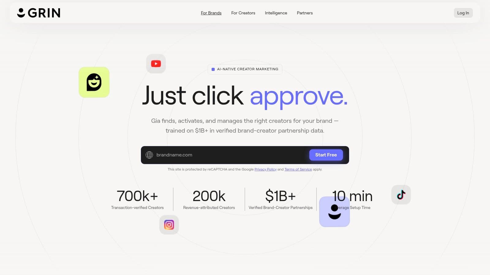 GRIN (Gia AI) dashboard showing creator discovery and management features.