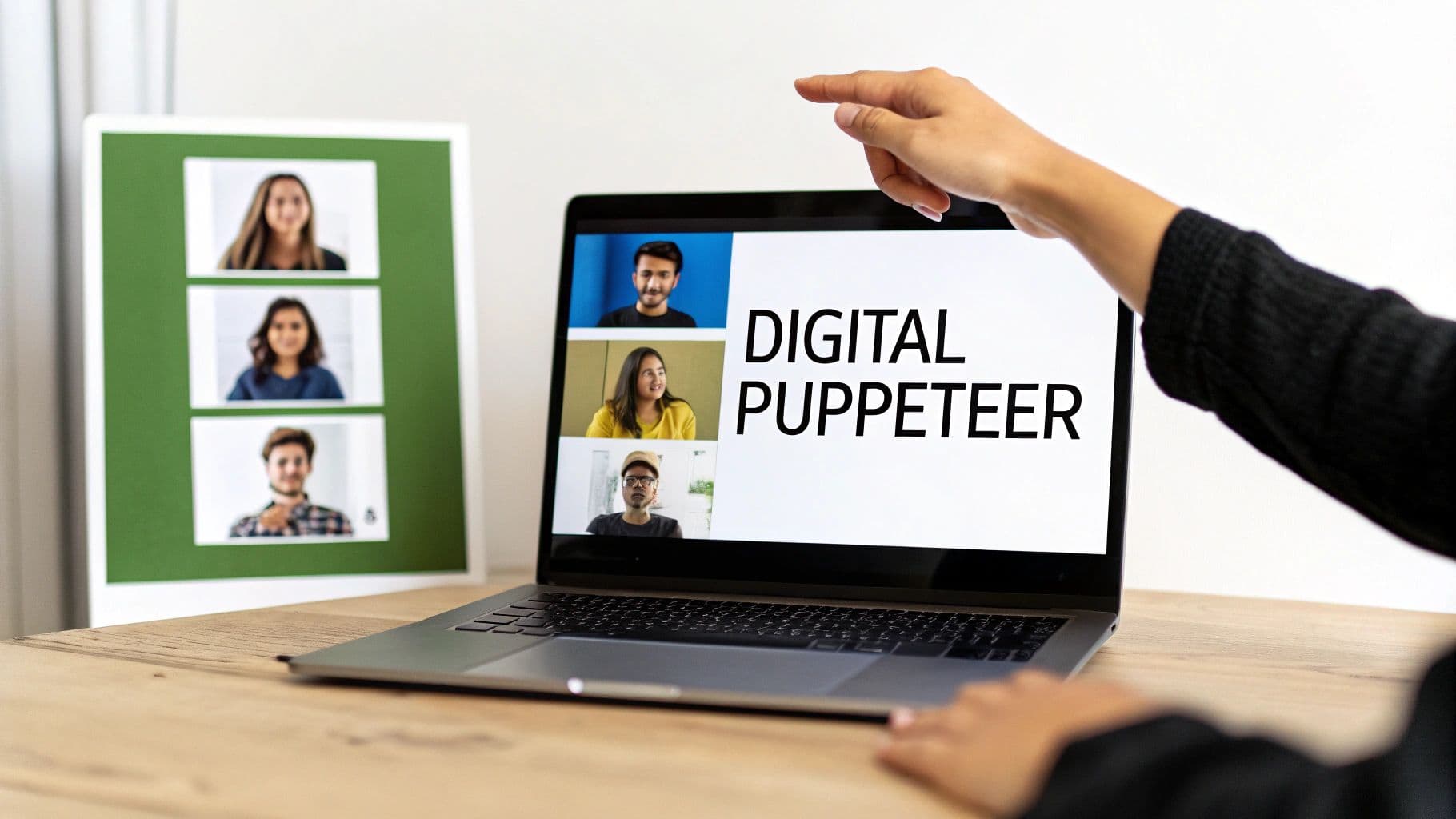 ラップトップ画面を指差す手で、ビデオ会議が表示され「DIGITAL PUPPETEER」のテキストが表示されている.