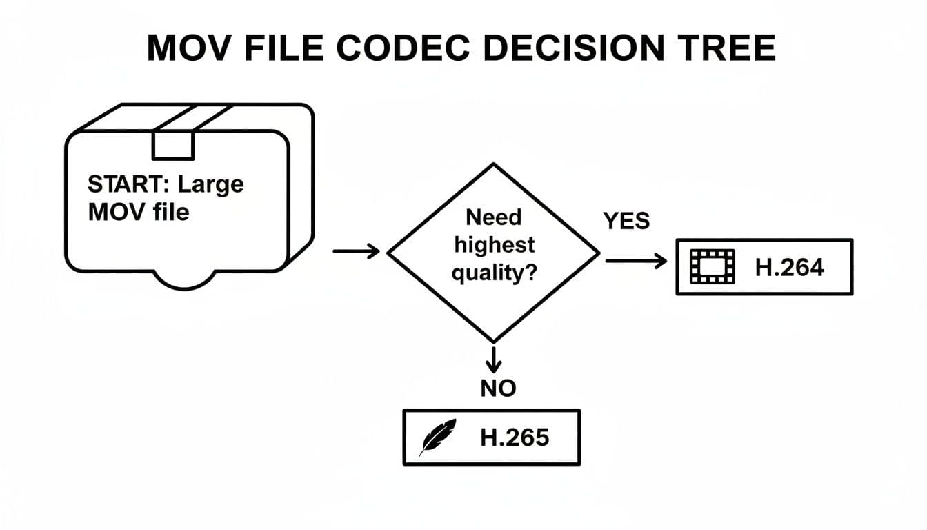 A decision tree illustrating MOV file codec choices: H.264 for highest quality, H.265 for smaller size.