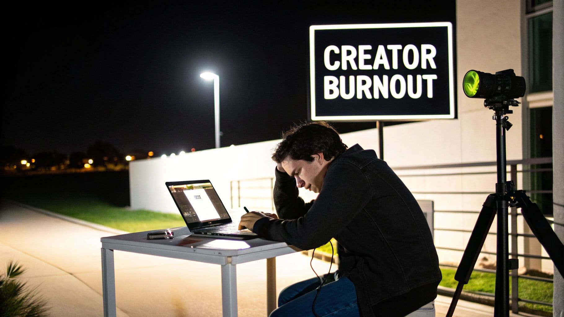 شخص يبدو متوترًا أثناء العمل على جهاز كمبيوتر محمول ليلاً، بجانب لافتة "Creator Burnout".
