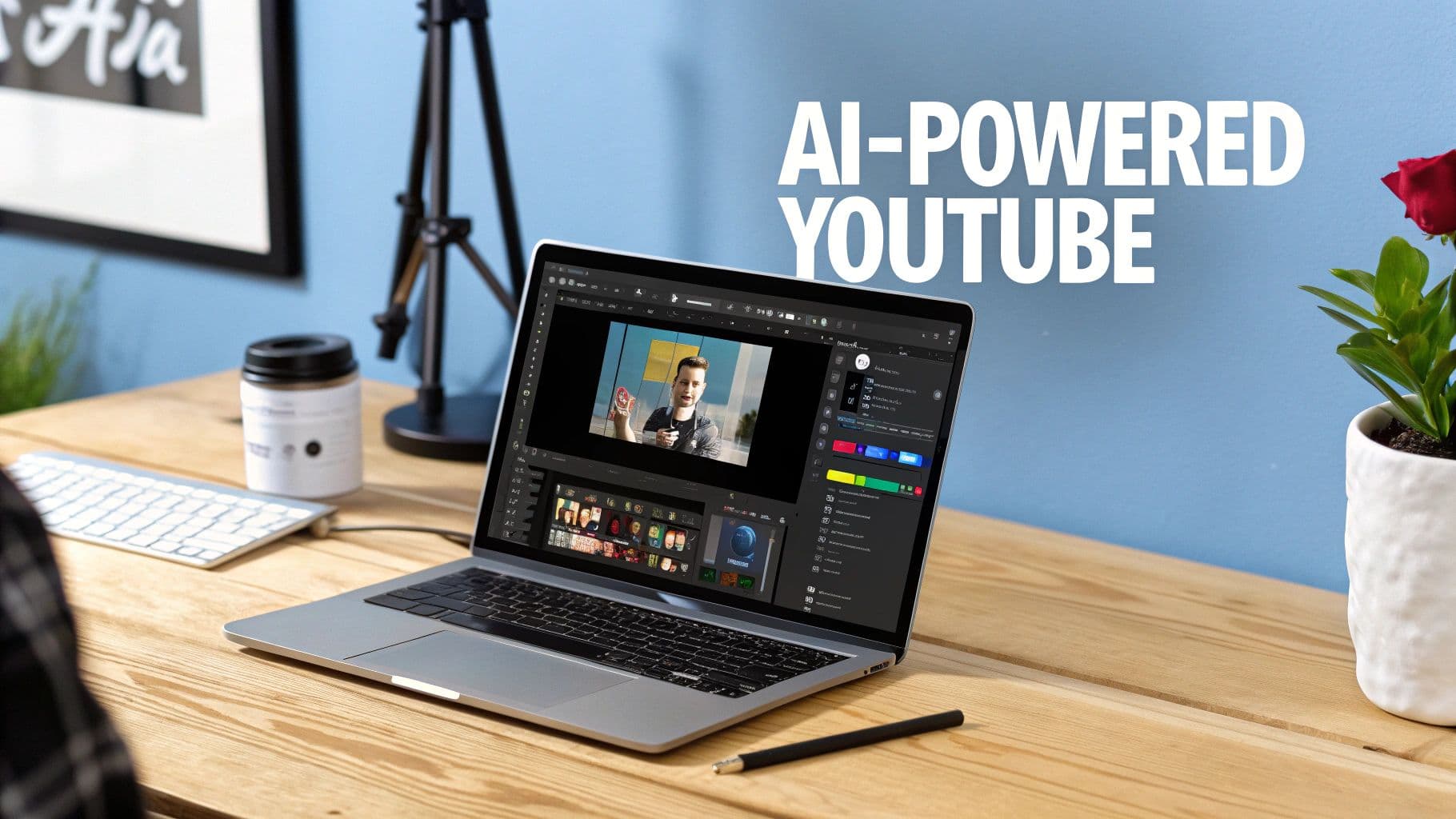 A laptop on a wooden desk displaying video editing software, with 'AI-POWERED YOUTUBE' text.