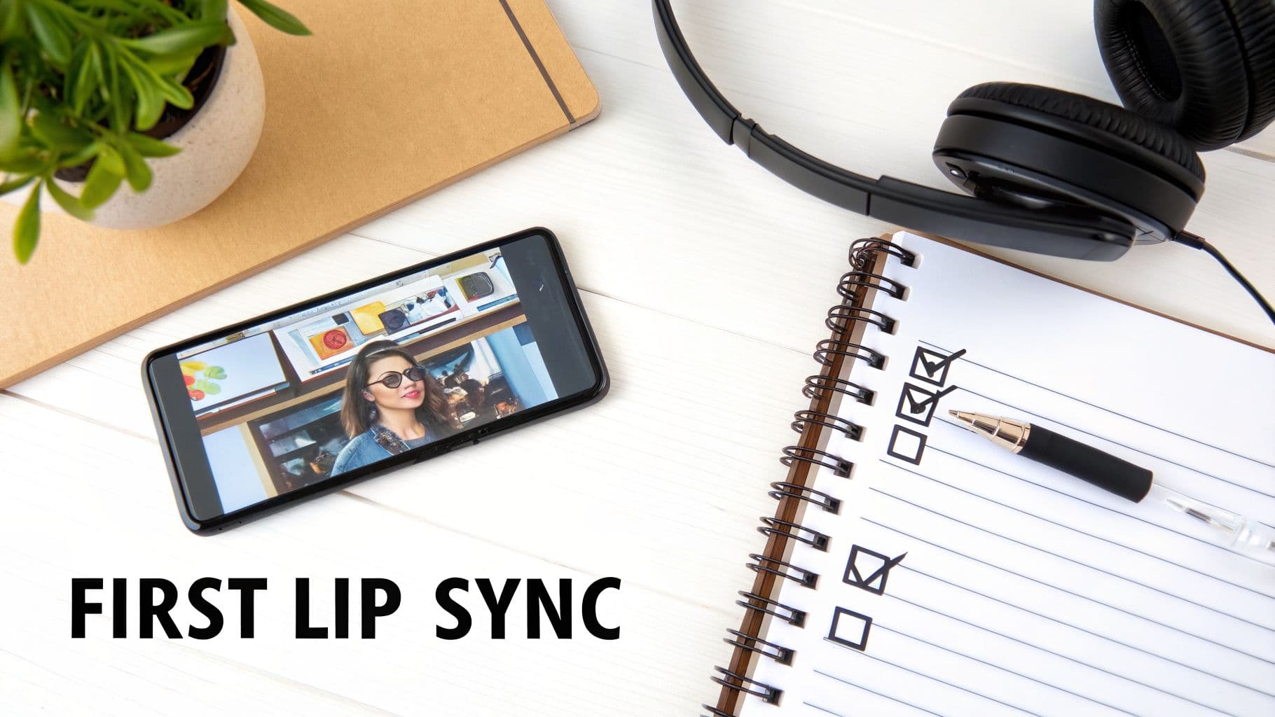A workspace flat lay with a phone displaying a lip sync video, headphones, checklist, and pen.