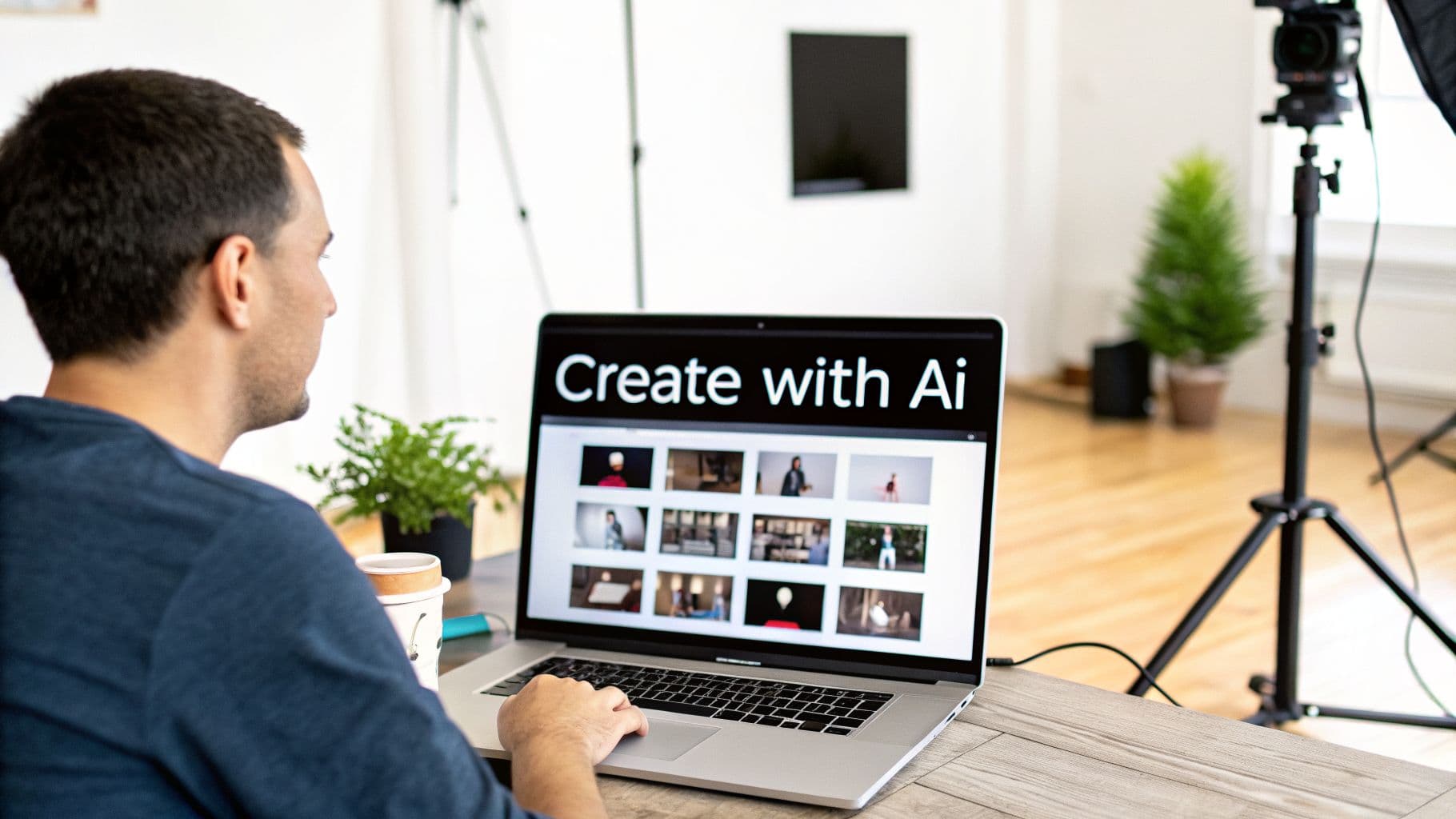 Home utilitzant un portàtil que mostra 'Create with Ai' i una graella d'imatges generades per IA.