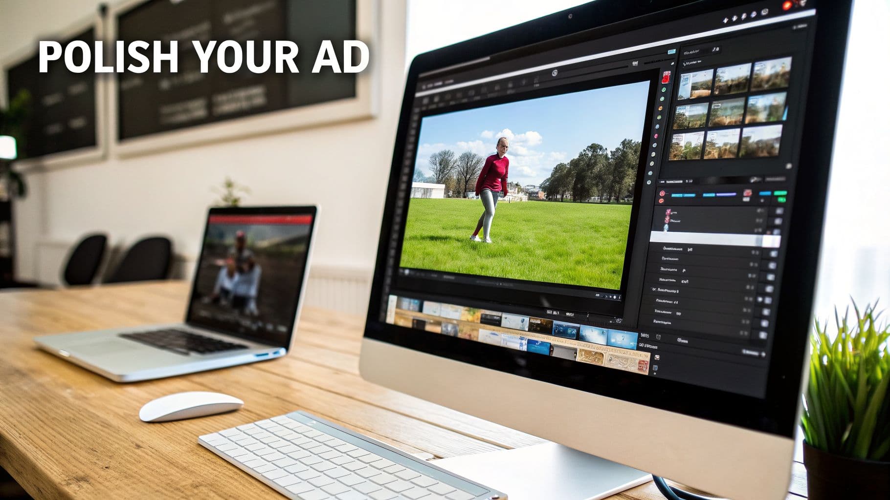 Un escriptori amb ordinadors mostrant programari d'edició de vídeo, un portàtil, ratolí i teclat, amb text 'POLISH YOUR AD'.