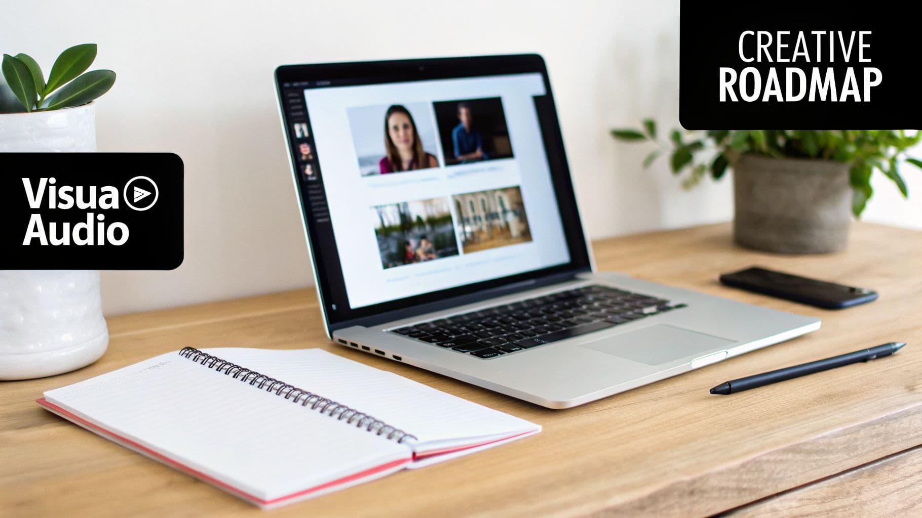 Una configurazione creativa di scrivania con laptop, quaderno aperto, penna e piante in vaso su una superficie di legno.